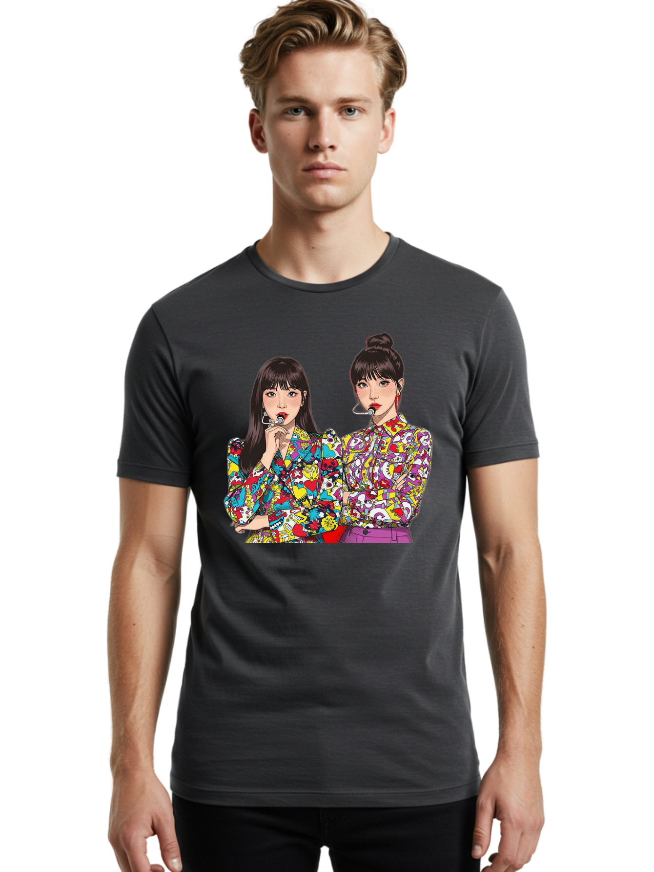Blackpink Men'S Graphic Tee, 100% Cotton, Comfortable Casual Summer Wear, Machine Washable, K-Pop Performers, Musical Artists, Trendy Fashion, Vibrant Colors, Confident Pose, Pop Art Style, Bold Hairstyles, Red Lipstick, Cartoon Illustration, Bab685
