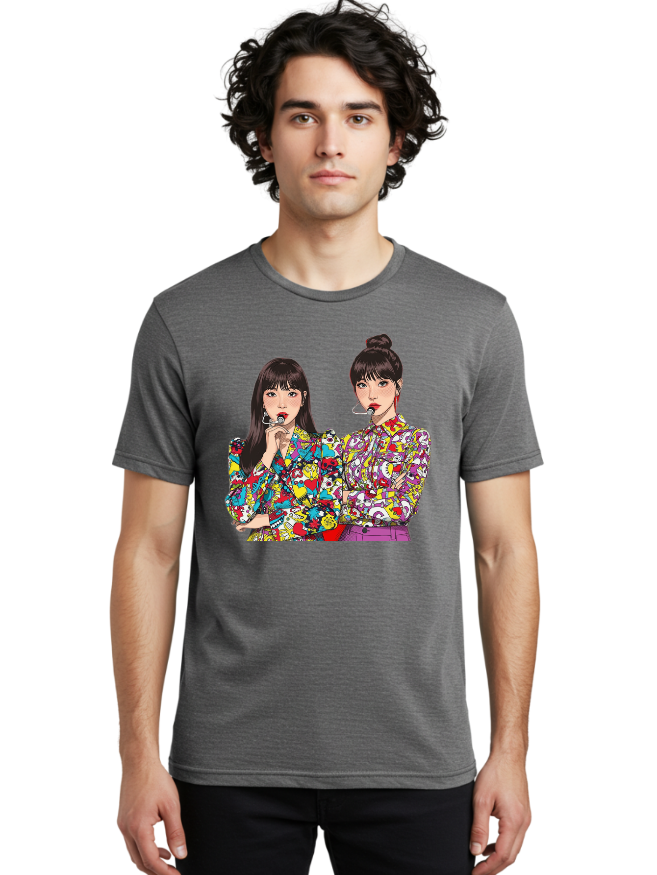 Blackpink Men'S Graphic Tee, 100% Cotton, Comfortable Casual Summer Wear, Machine Washable, K-Pop Performers, Musical Artists, Trendy Fashion, Vibrant Colors, Confident Pose, Pop Art Style, Bold Hairstyles, Red Lipstick, Cartoon Illustration, Bab685