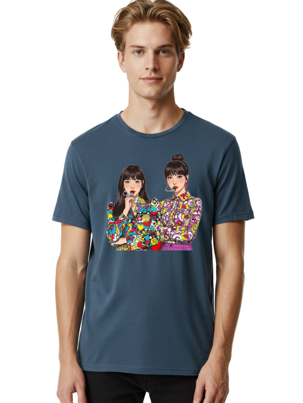 Blackpink Men'S Graphic Tee, 100% Cotton, Comfortable Casual Summer Wear, Machine Washable, K-Pop Performers, Musical Artists, Trendy Fashion, Vibrant Colors, Confident Pose, Pop Art Style, Bold Hairstyles, Red Lipstick, Cartoon Illustration, Bab685