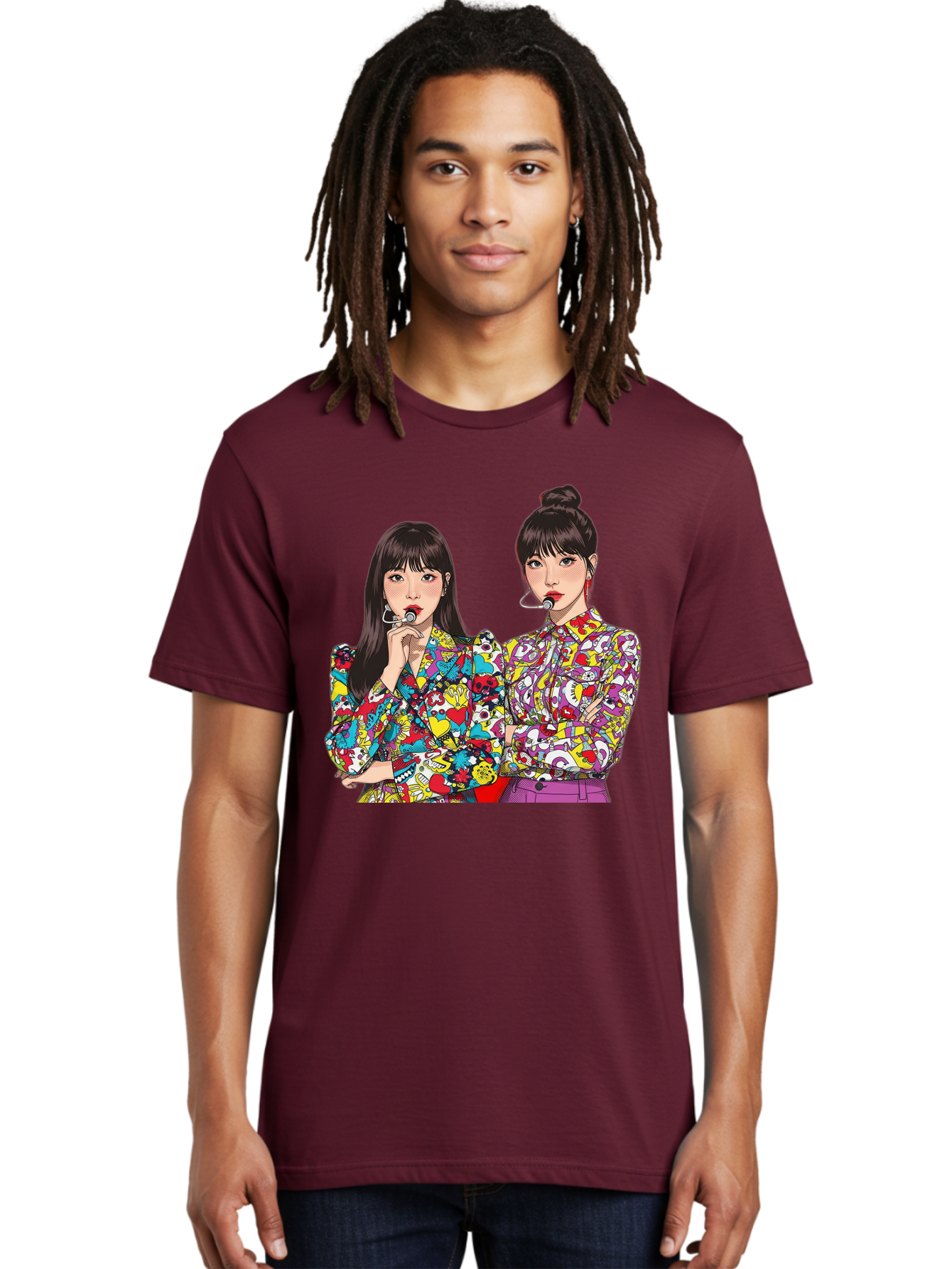 Blackpink Men'S Graphic Tee, 100% Cotton, Comfortable Casual Summer Wear, Machine Washable, K-Pop Performers, Musical Artists, Trendy Fashion, Vibrant Colors, Confident Pose, Pop Art Style, Bold Hairstyles, Red Lipstick, Cartoon Illustration, Bab685