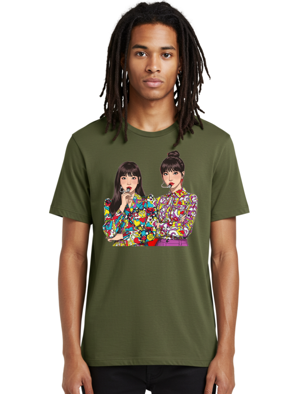 Blackpink Men'S Graphic Tee, 100% Cotton, Comfortable Casual Summer Wear, Machine Washable, K-Pop Performers, Musical Artists, Trendy Fashion, Vibrant Colors, Confident Pose, Pop Art Style, Bold Hairstyles, Red Lipstick, Cartoon Illustration, Bab685