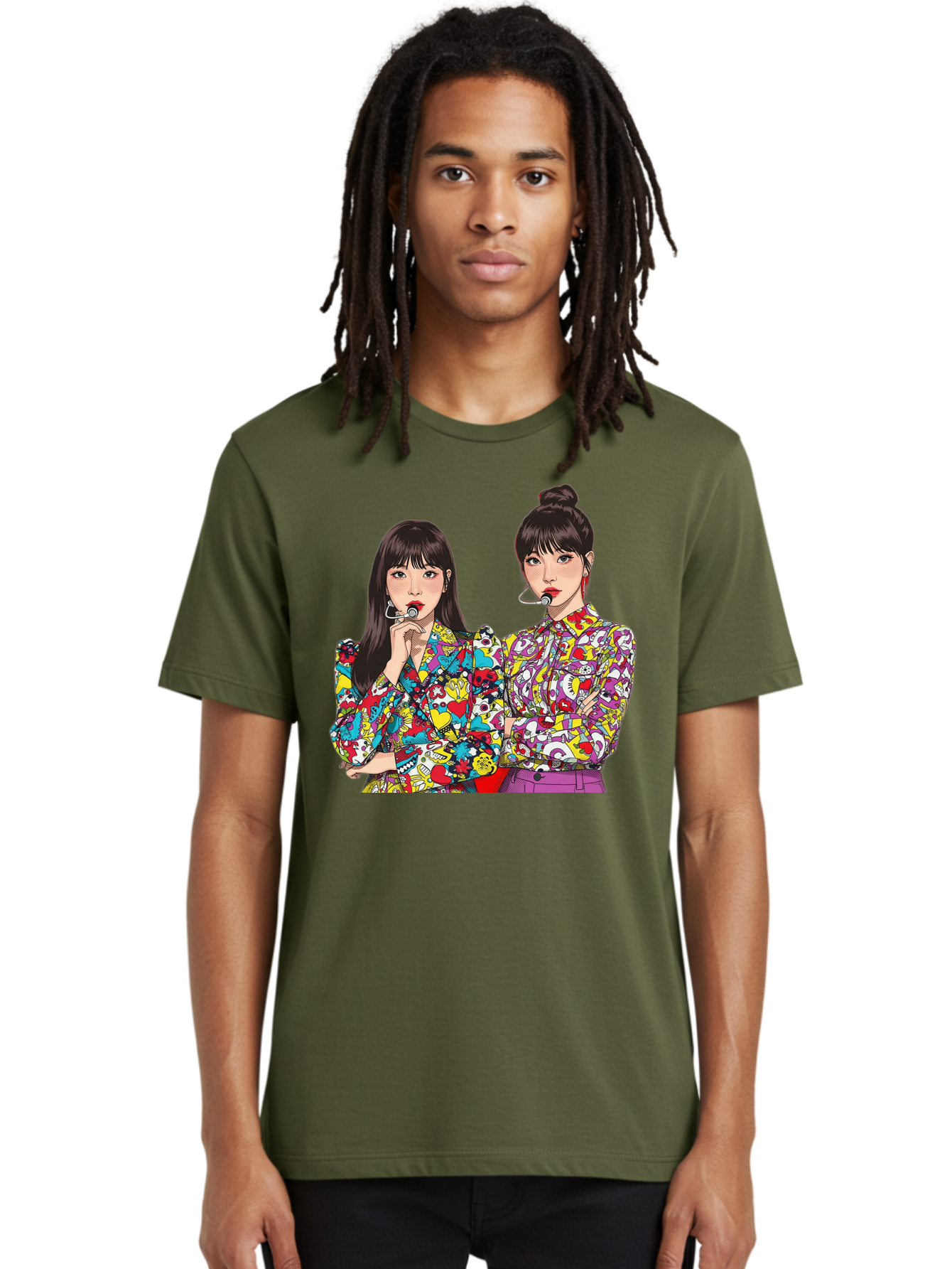 Blackpink Men'S Graphic Tee, 100% Cotton, Comfortable Casual Summer Wear, Machine Washable, K-Pop Performers, Musical Artists, Trendy Fashion, Vibrant Colors, Confident Pose, Pop Art Style, Bold Hairstyles, Red Lipstick, Cartoon Illustration, Bab685