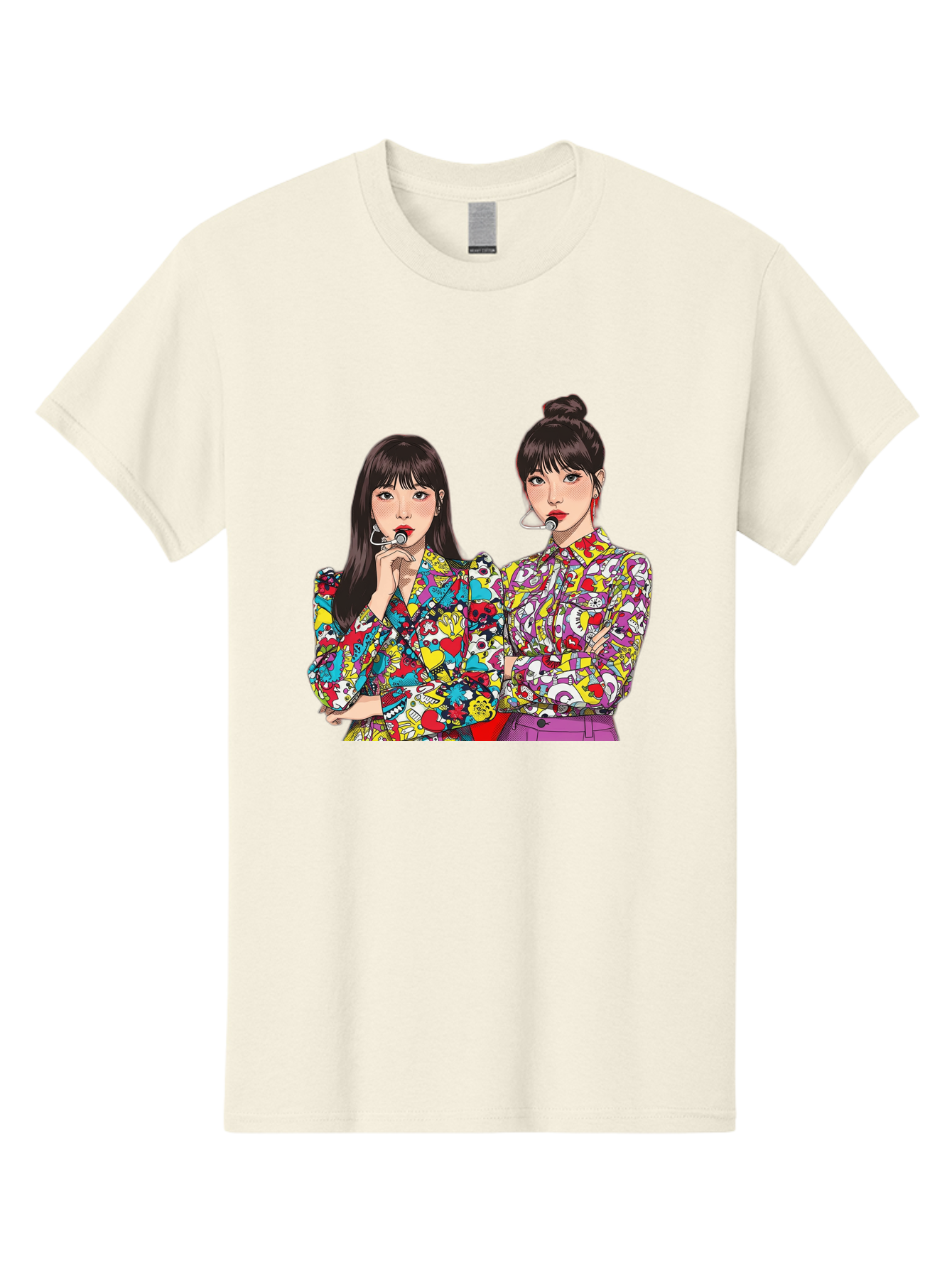 Blackpink Men'S Graphic Tee, 100% Cotton, Comfortable Casual Summer Wear, Machine Washable, K-Pop Performers, Musical Artists, Trendy Fashion, Vibrant Colors, Confident Pose, Pop Art Style, Bold Hairstyles, Red Lipstick, Cartoon Illustration, Bab685