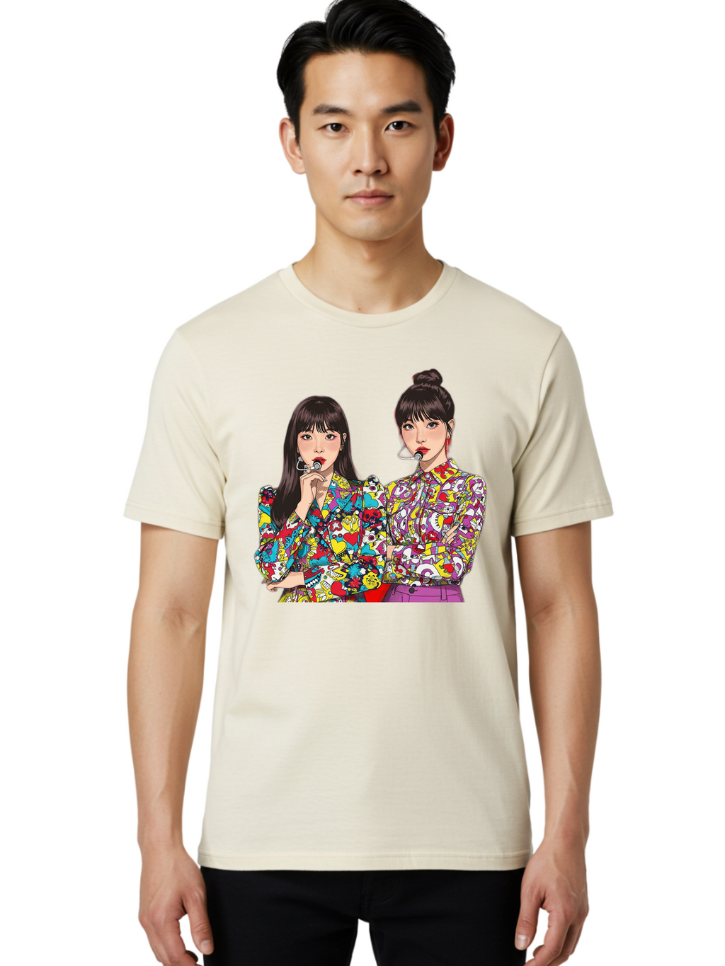 Blackpink Men'S Graphic Tee, 100% Cotton, Comfortable Casual Summer Wear, Machine Washable, K-Pop Performers, Musical Artists, Trendy Fashion, Vibrant Colors, Confident Pose, Pop Art Style, Bold Hairstyles, Red Lipstick, Cartoon Illustration, Bab685