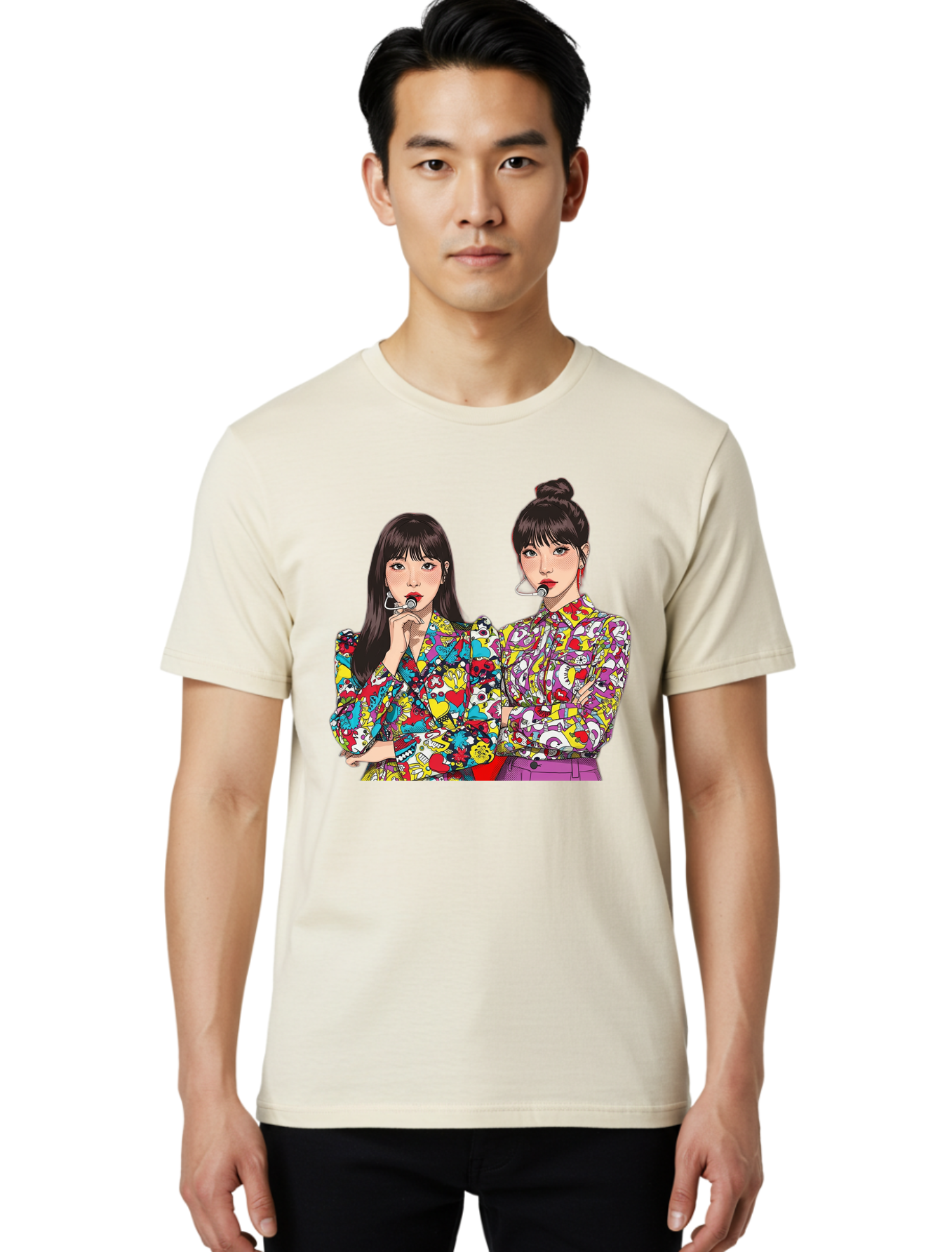Blackpink Men'S Graphic Tee, 100% Cotton, Comfortable Casual Summer Wear, Machine Washable, K-Pop Performers, Musical Artists, Trendy Fashion, Vibrant Colors, Confident Pose, Pop Art Style, Bold Hairstyles, Red Lipstick, Cartoon Illustration, Bab685