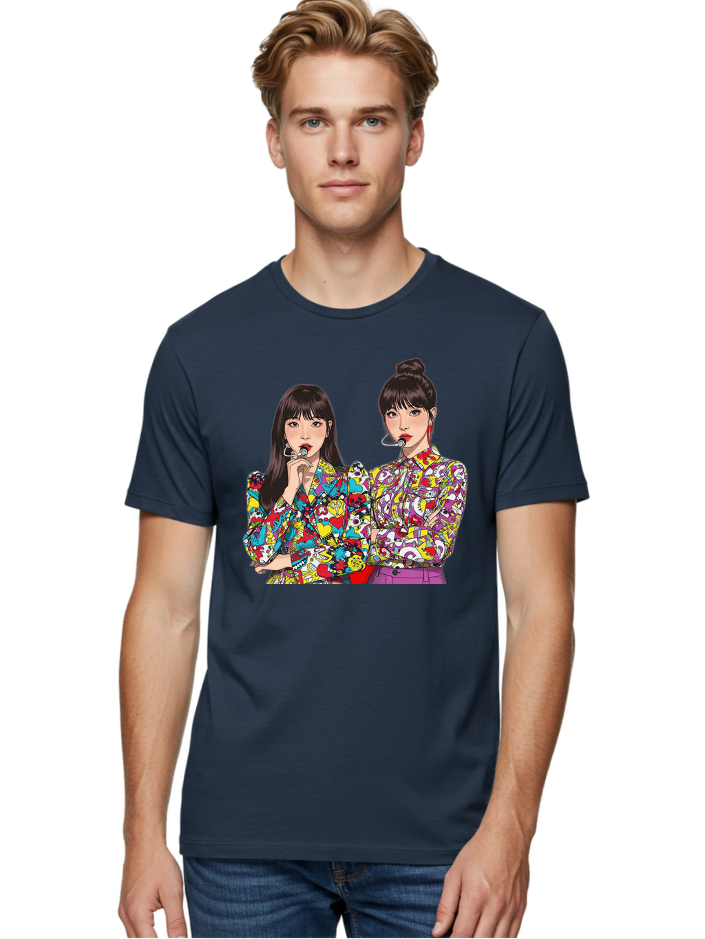 Blackpink Men'S Graphic Tee, 100% Cotton, Comfortable Casual Summer Wear, Machine Washable, K-Pop Performers, Musical Artists, Trendy Fashion, Vibrant Colors, Confident Pose, Pop Art Style, Bold Hairstyles, Red Lipstick, Cartoon Illustration, Bab685