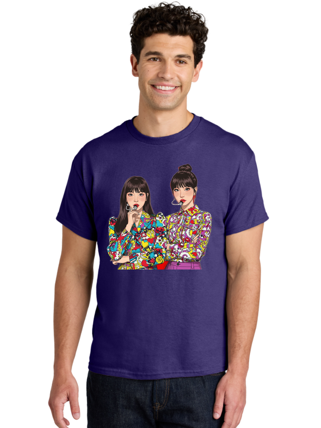Blackpink Men'S Graphic Tee, 100% Cotton, Comfortable Casual Summer Wear, Machine Washable, K-Pop Performers, Musical Artists, Trendy Fashion, Vibrant Colors, Confident Pose, Pop Art Style, Bold Hairstyles, Red Lipstick, Cartoon Illustration, Bab685