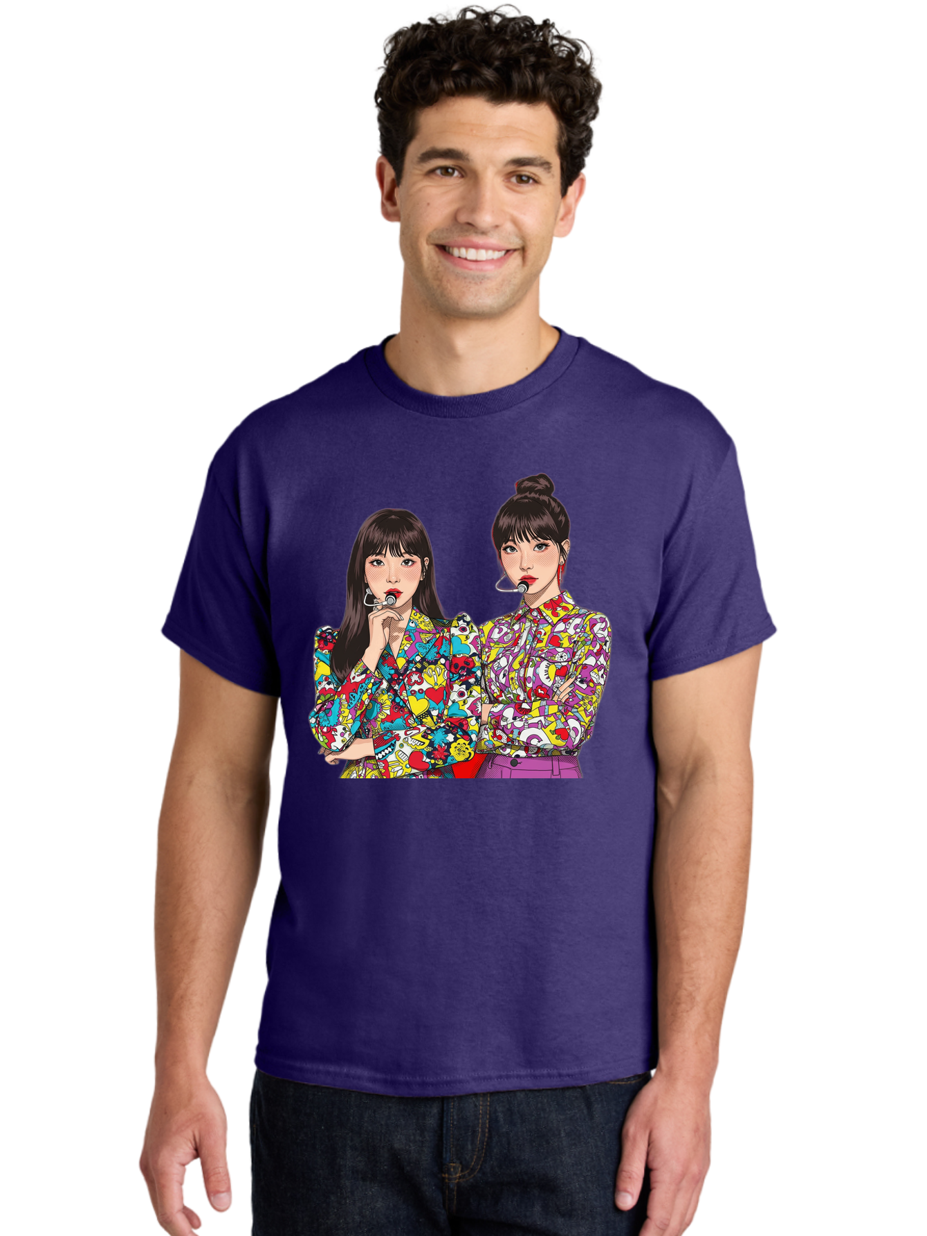 Blackpink Men'S Graphic Tee, 100% Cotton, Comfortable Casual Summer Wear, Machine Washable, K-Pop Performers, Musical Artists, Trendy Fashion, Vibrant Colors, Confident Pose, Pop Art Style, Bold Hairstyles, Red Lipstick, Cartoon Illustration, Bab685