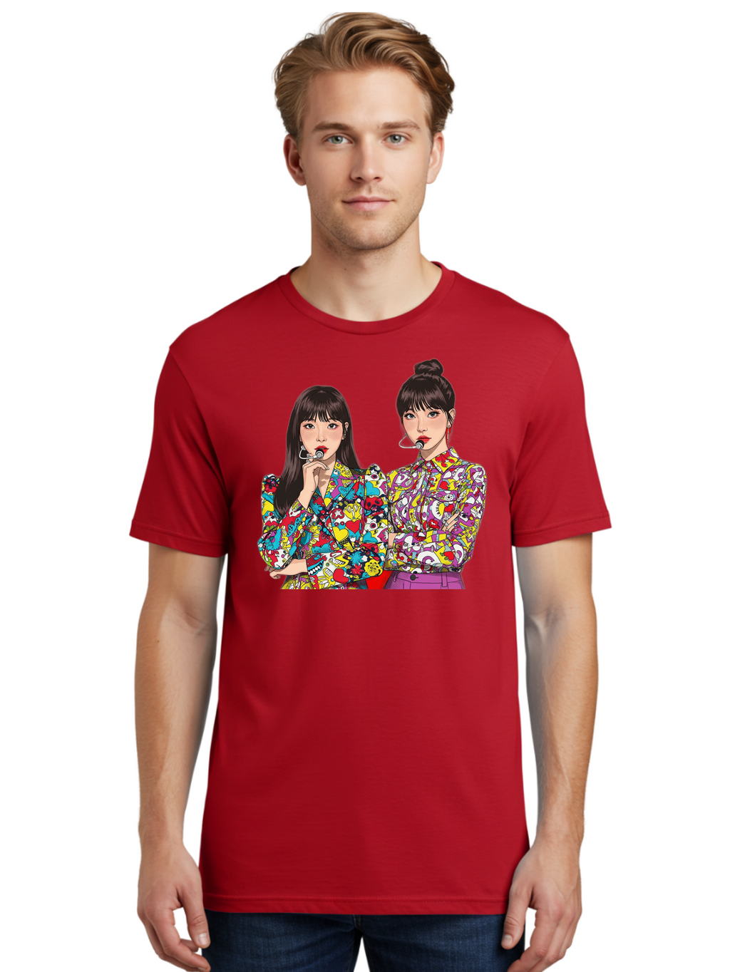 Blackpink Men'S Graphic Tee, 100% Cotton, Comfortable Casual Summer Wear, Machine Washable, K-Pop Performers, Musical Artists, Trendy Fashion, Vibrant Colors, Confident Pose, Pop Art Style, Bold Hairstyles, Red Lipstick, Cartoon Illustration, Bab685