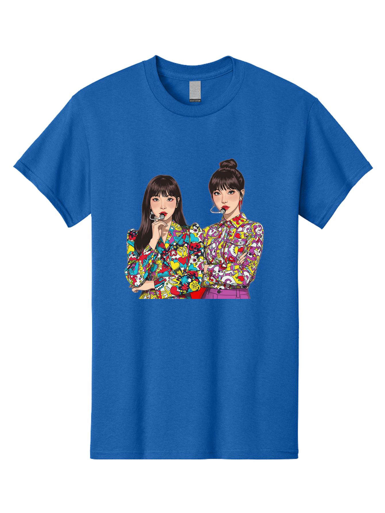 Blackpink Men'S Graphic Tee, 100% Cotton, Comfortable Casual Summer Wear, Machine Washable, K-Pop Performers, Musical Artists, Trendy Fashion, Vibrant Colors, Confident Pose, Pop Art Style, Bold Hairstyles, Red Lipstick, Cartoon Illustration, Bab685