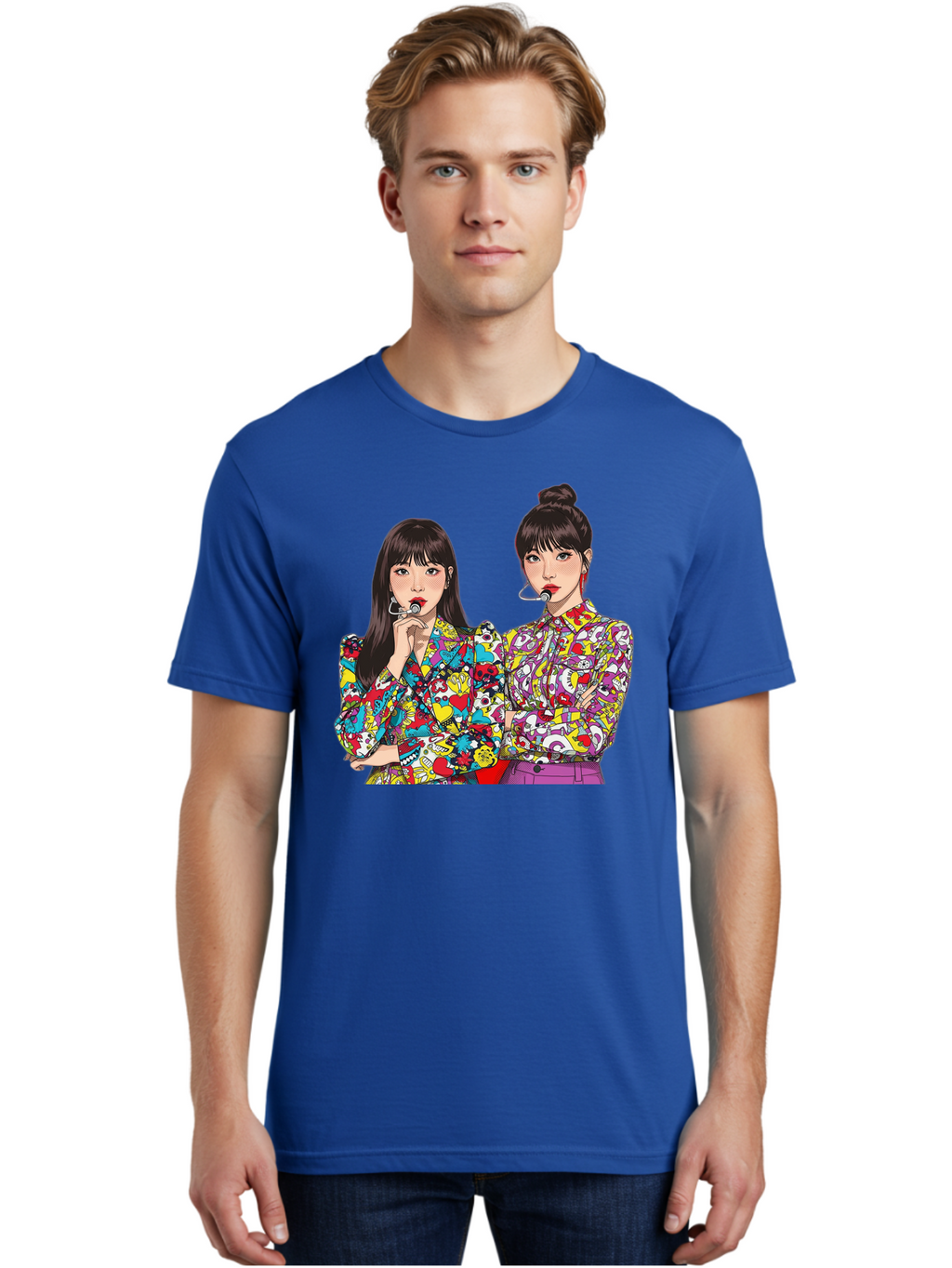 Blackpink Men'S Graphic Tee, 100% Cotton, Comfortable Casual Summer Wear, Machine Washable, K-Pop Performers, Musical Artists, Trendy Fashion, Vibrant Colors, Confident Pose, Pop Art Style, Bold Hairstyles, Red Lipstick, Cartoon Illustration, Bab685