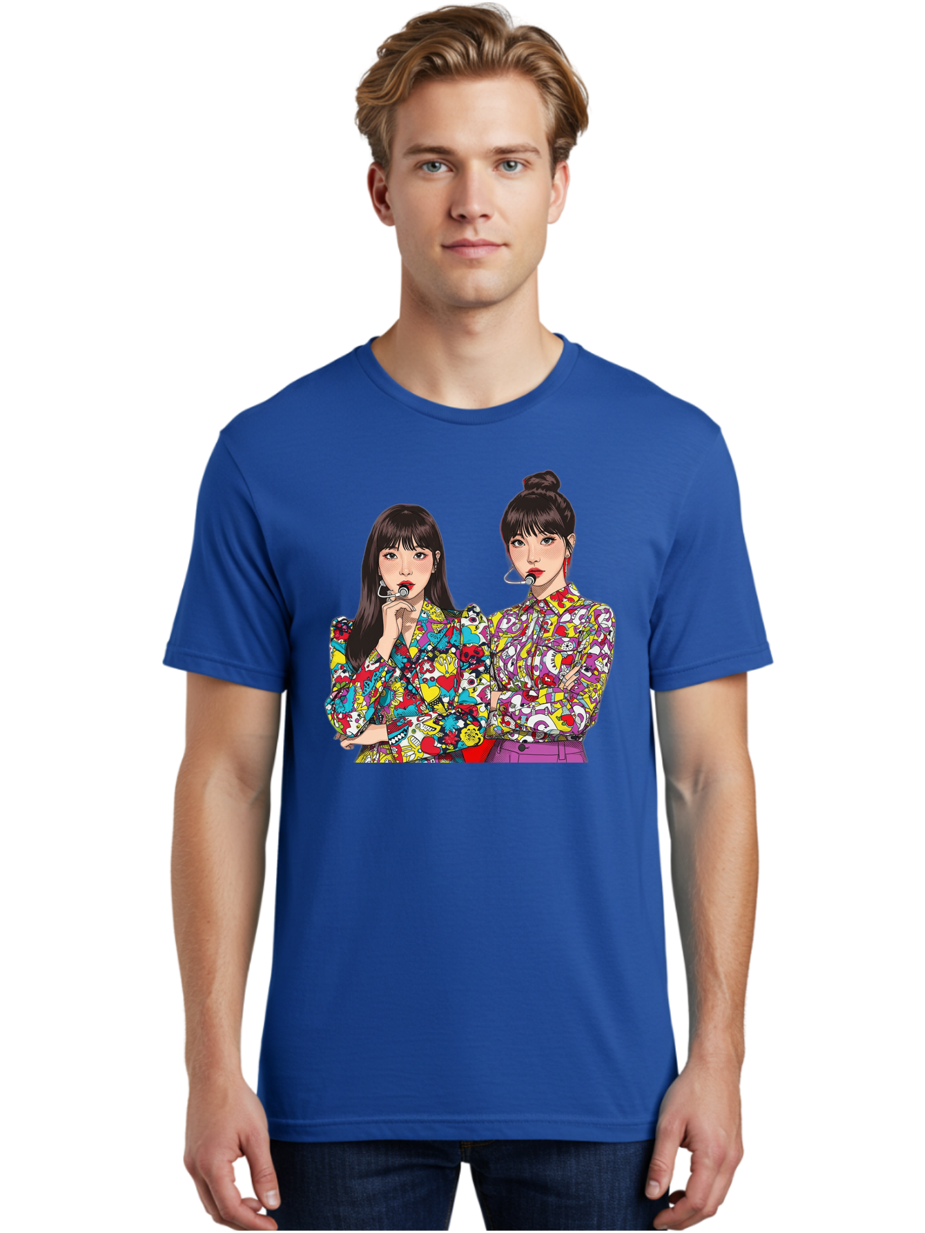 Blackpink Men'S Graphic Tee, 100% Cotton, Comfortable Casual Summer Wear, Machine Washable, K-Pop Performers, Musical Artists, Trendy Fashion, Vibrant Colors, Confident Pose, Pop Art Style, Bold Hairstyles, Red Lipstick, Cartoon Illustration, Bab685
