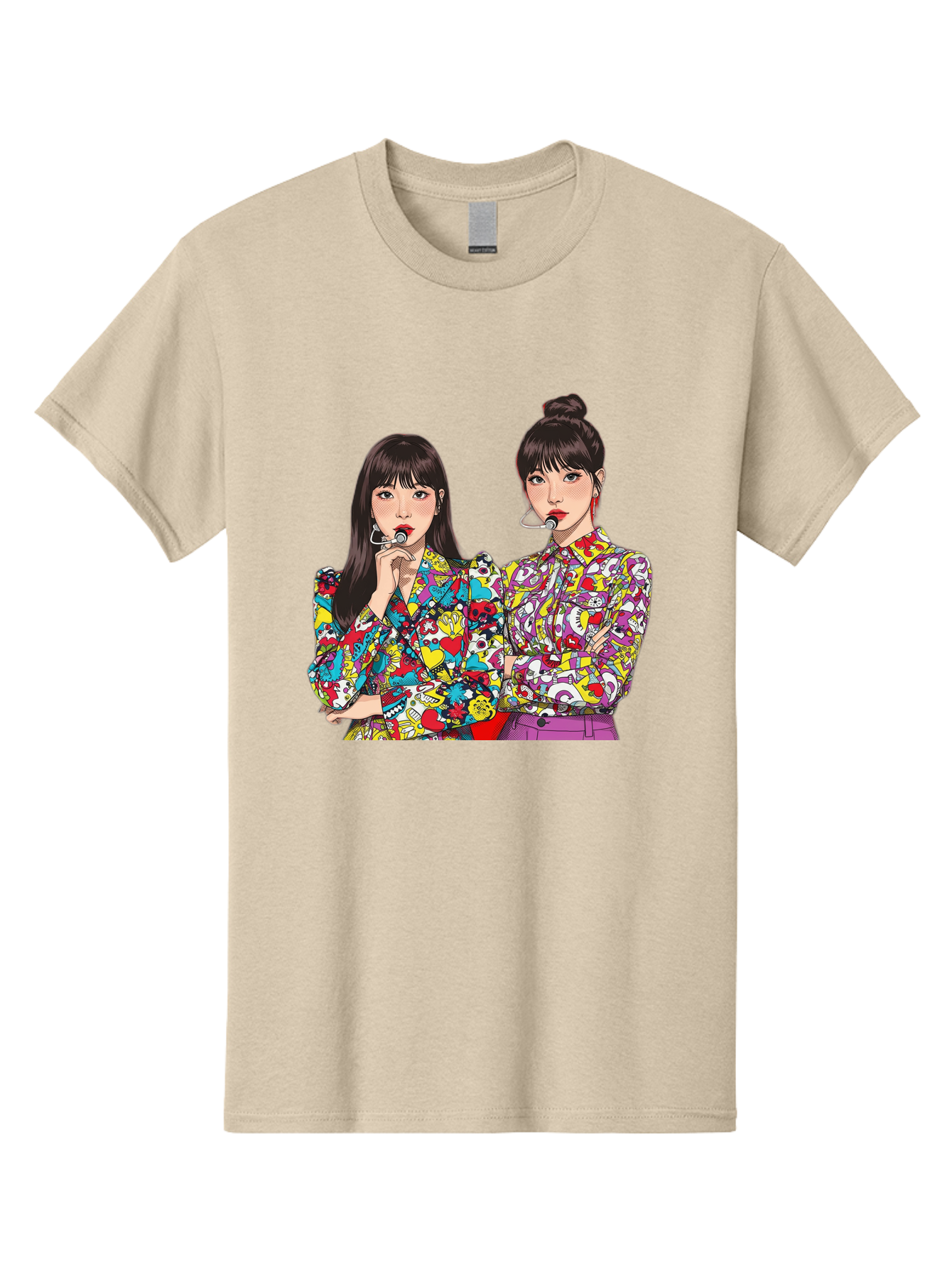 Blackpink Men'S Graphic Tee, 100% Cotton, Comfortable Casual Summer Wear, Machine Washable, K-Pop Performers, Musical Artists, Trendy Fashion, Vibrant Colors, Confident Pose, Pop Art Style, Bold Hairstyles, Red Lipstick, Cartoon Illustration, Bab685