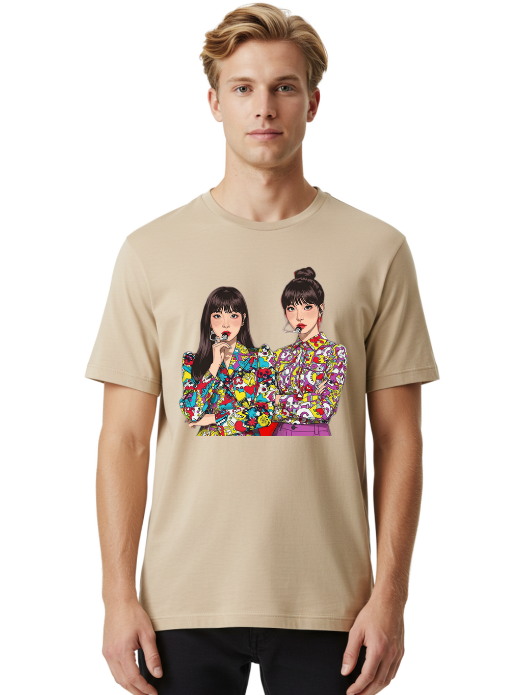 Blackpink Men'S Graphic Tee, 100% Cotton, Comfortable Casual Summer Wear, Machine Washable, K-Pop Performers, Musical Artists, Trendy Fashion, Vibrant Colors, Confident Pose, Pop Art Style, Bold Hairstyles, Red Lipstick, Cartoon Illustration, Bab685