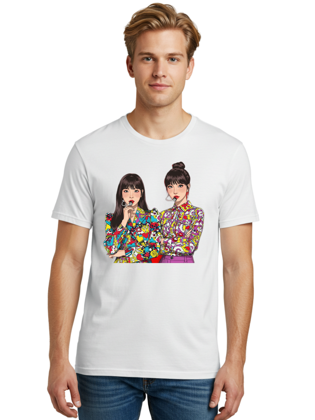 Blackpink Men'S Graphic Tee, 100% Cotton, Comfortable Casual Summer Wear, Machine Washable, K-Pop Performers, Musical Artists, Trendy Fashion, Vibrant Colors, Confident Pose, Pop Art Style, Bold Hairstyles, Red Lipstick, Cartoon Illustration, Bab685