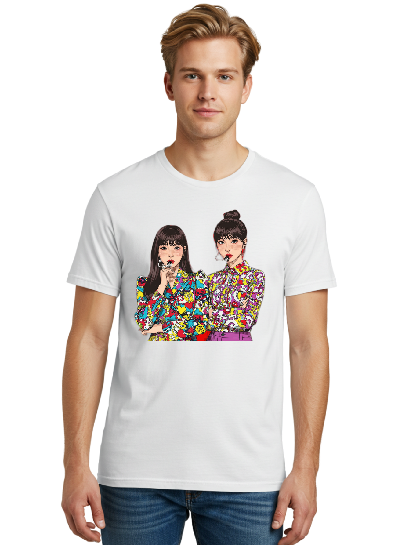 Blackpink Men'S Graphic Tee, 100% Cotton, Comfortable Casual Summer Wear, Machine Washable, K-Pop Performers, Musical Artists, Trendy Fashion, Vibrant Colors, Confident Pose, Pop Art Style, Bold Hairstyles, Red Lipstick, Cartoon Illustration, Bab685