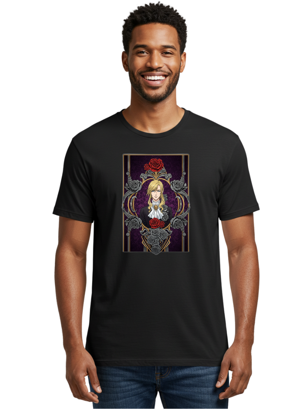 Blonde-Man-With-Roses Men'S Graphic Tee, 100% Cotton, Comfortable Casual Summer Wear, Machine Washable, Anime Character Art, Blond Man In Black Suit, White Ruffled Collar, Red And Gray Roses, Gothic Frame, Elegant Design, Intricate Details, Bab686
