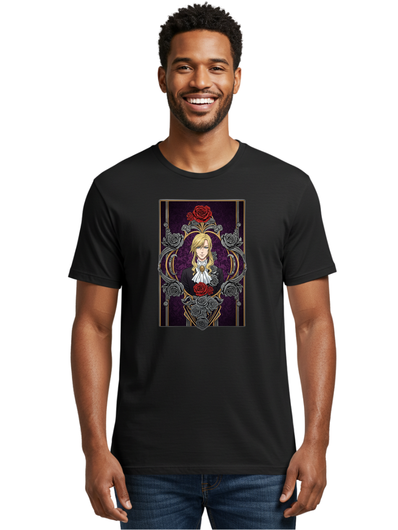 Blonde-Man-With-Roses Men'S Graphic Tee, 100% Cotton, Comfortable Casual Summer Wear, Machine Washable, Anime Character Art, Blond Man In Black Suit, White Ruffled Collar, Red And Gray Roses, Gothic Frame, Elegant Design, Intricate Details, Bab686
