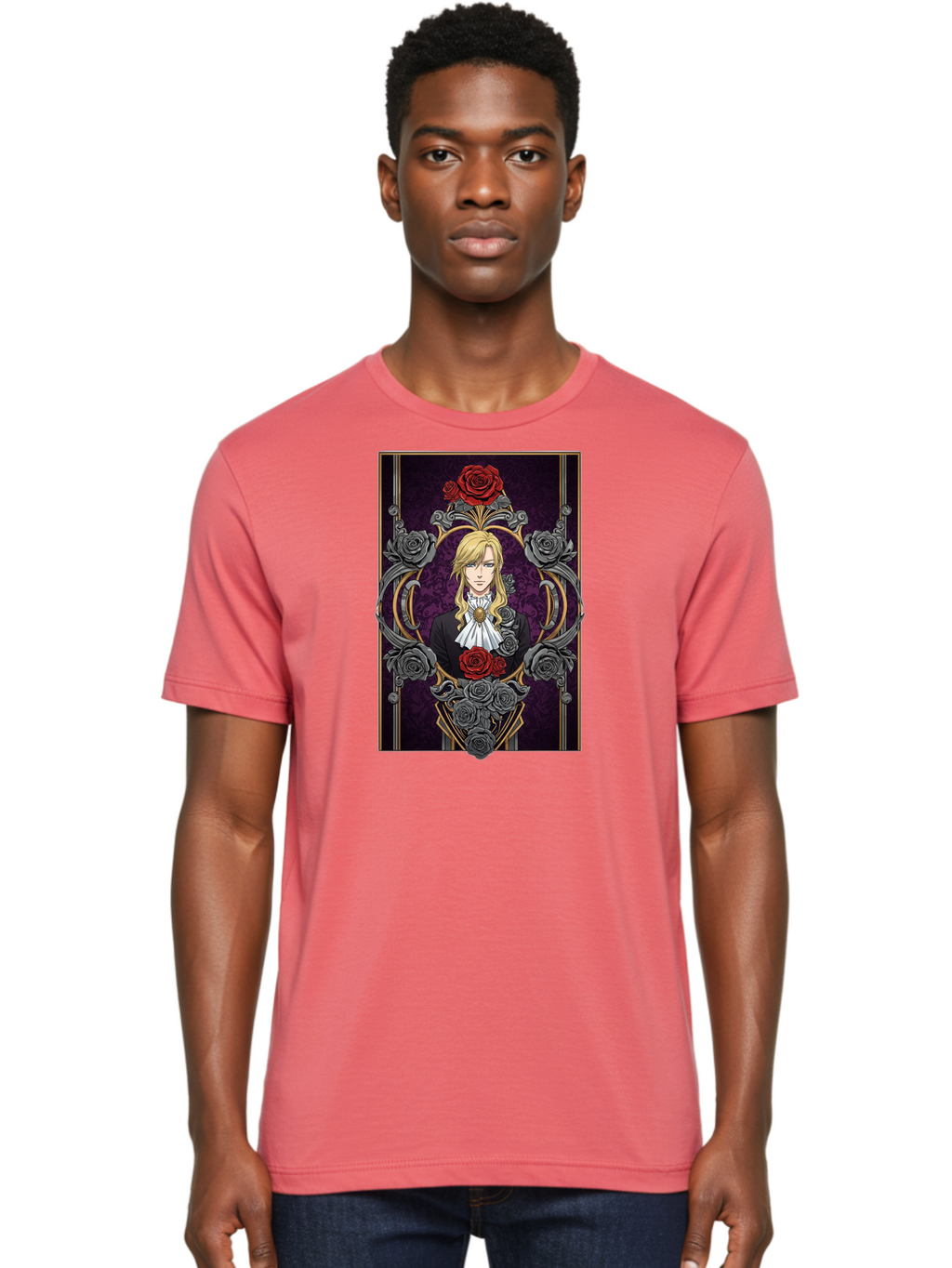 Blonde-Man-With-Roses Men'S Graphic Tee, 100% Cotton, Comfortable Casual Summer Wear, Machine Washable, Anime Character Art, Blond Man In Black Suit, White Ruffled Collar, Red And Gray Roses, Gothic Frame, Elegant Design, Intricate Details, Bab686