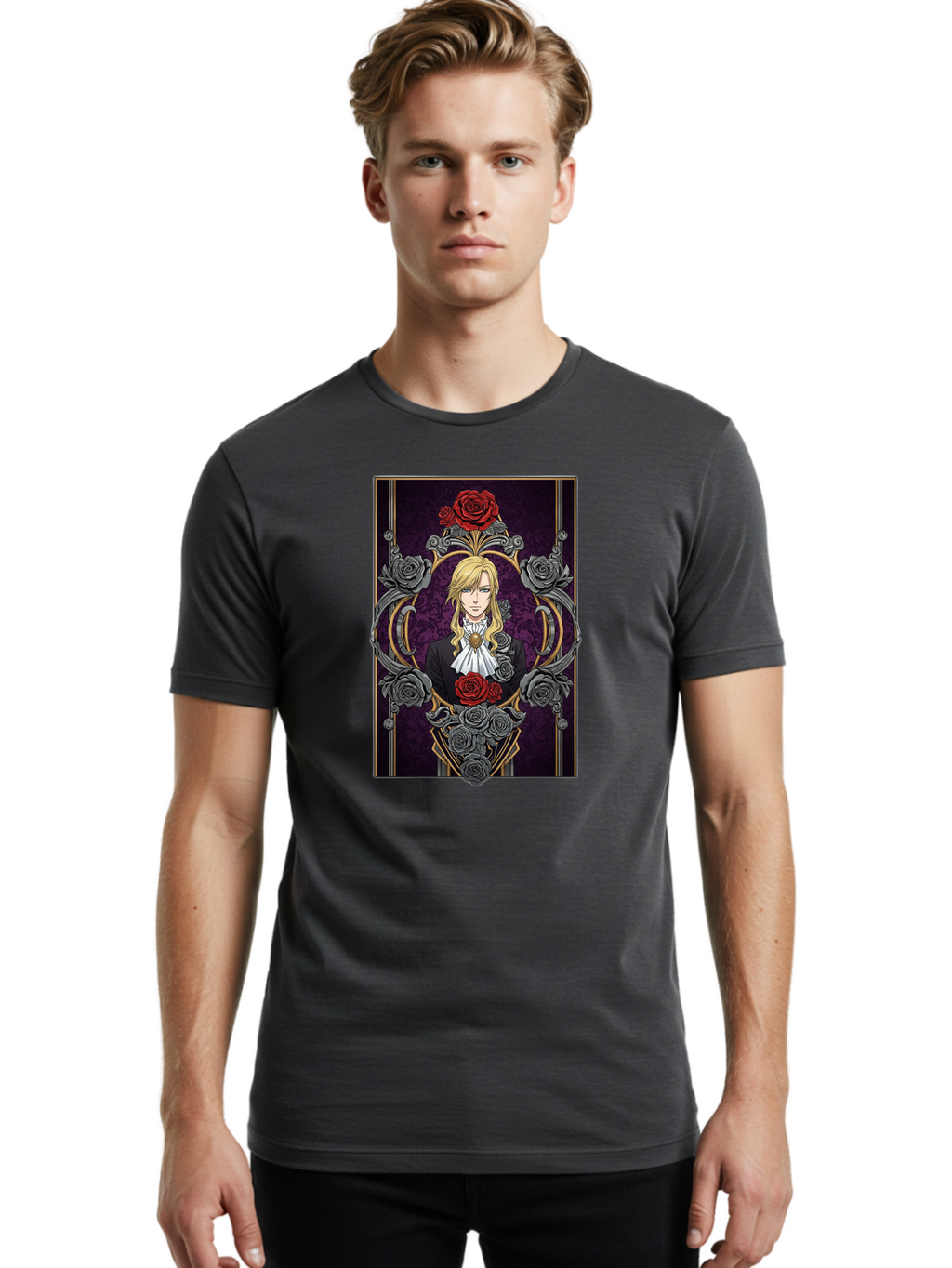Blonde-Man-With-Roses Men'S Graphic Tee, 100% Cotton, Comfortable Casual Summer Wear, Machine Washable, Anime Character Art, Blond Man In Black Suit, White Ruffled Collar, Red And Gray Roses, Gothic Frame, Elegant Design, Intricate Details, Bab686