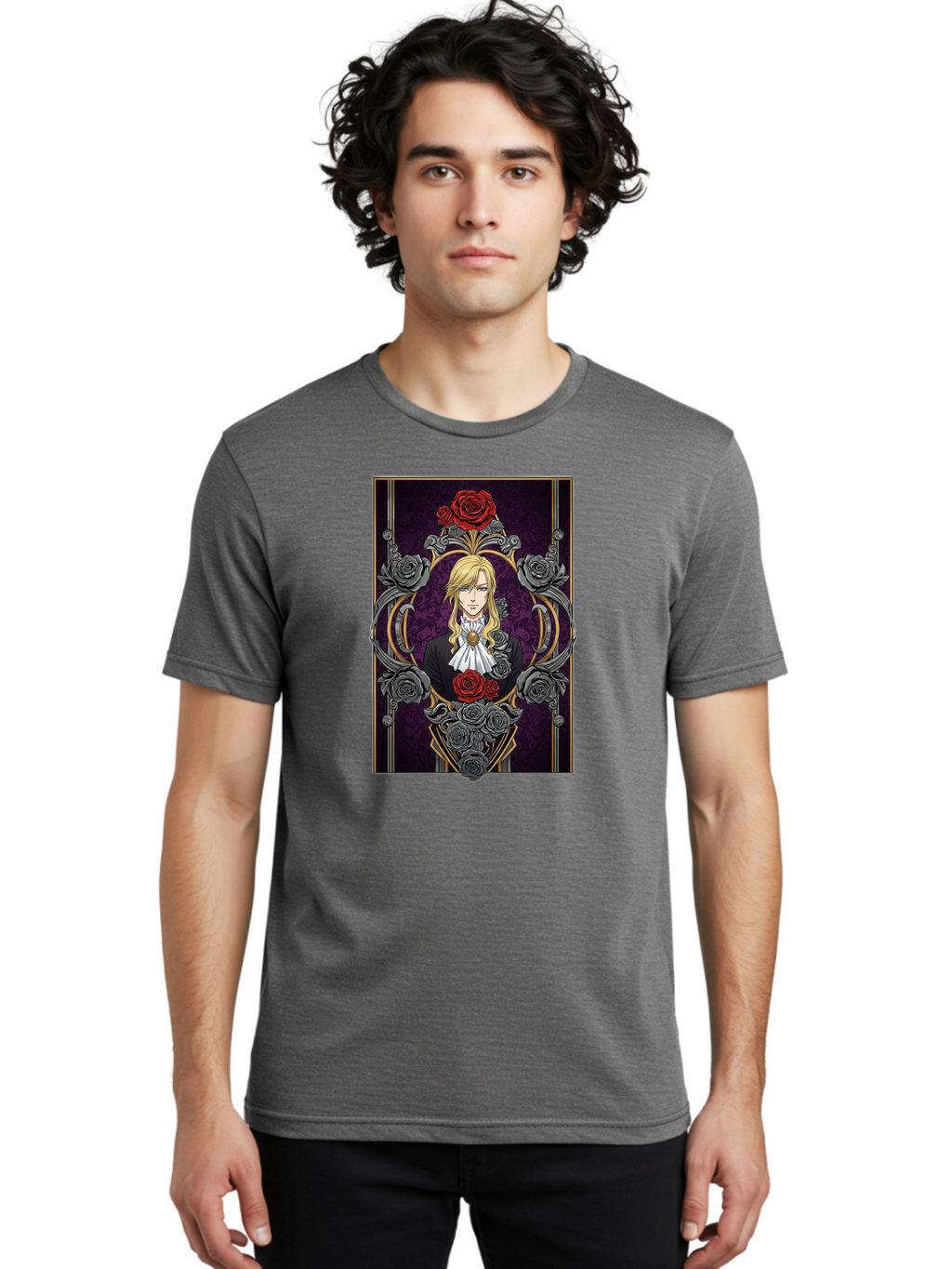 Blonde-Man-With-Roses Men'S Graphic Tee, 100% Cotton, Comfortable Casual Summer Wear, Machine Washable, Anime Character Art, Blond Man In Black Suit, White Ruffled Collar, Red And Gray Roses, Gothic Frame, Elegant Design, Intricate Details, Bab686