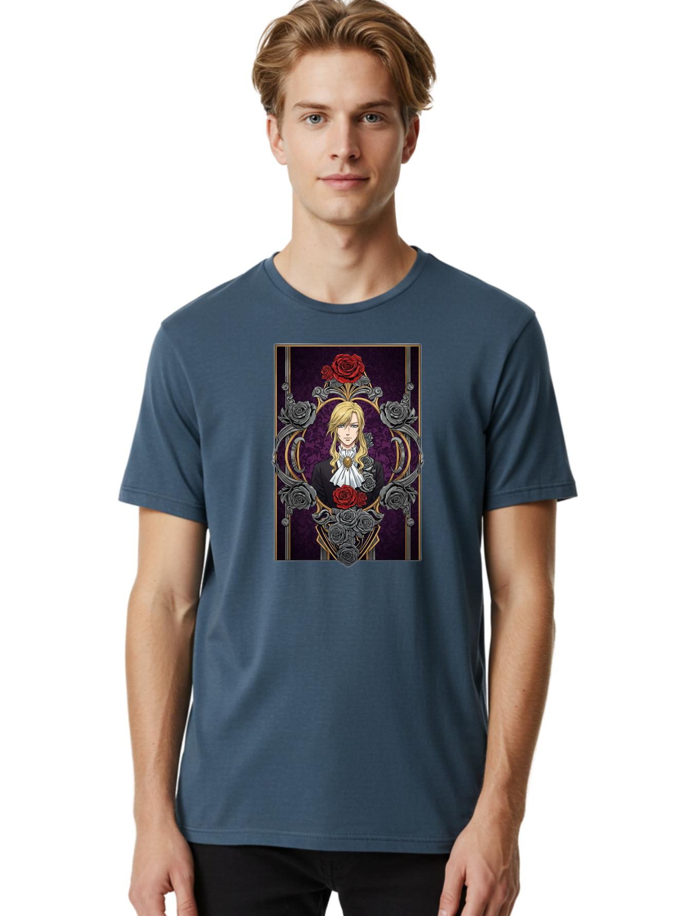 Blonde-Man-With-Roses Men'S Graphic Tee, 100% Cotton, Comfortable Casual Summer Wear, Machine Washable, Anime Character Art, Blond Man In Black Suit, White Ruffled Collar, Red And Gray Roses, Gothic Frame, Elegant Design, Intricate Details, Bab686