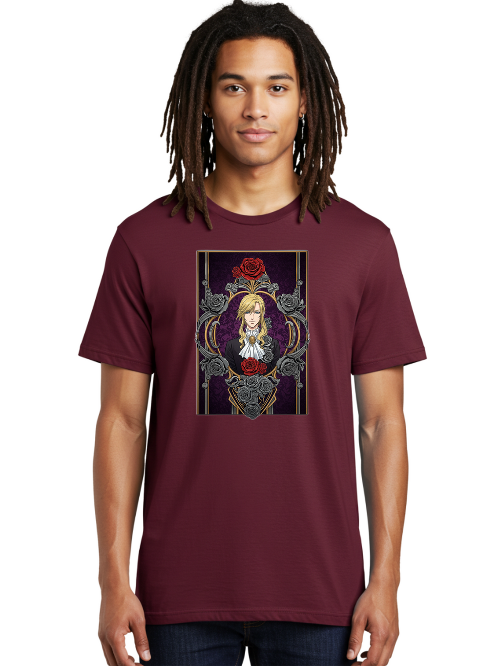 Blonde-Man-With-Roses Men'S Graphic Tee, 100% Cotton, Comfortable Casual Summer Wear, Machine Washable, Anime Character Art, Blond Man In Black Suit, White Ruffled Collar, Red And Gray Roses, Gothic Frame, Elegant Design, Intricate Details, Bab686