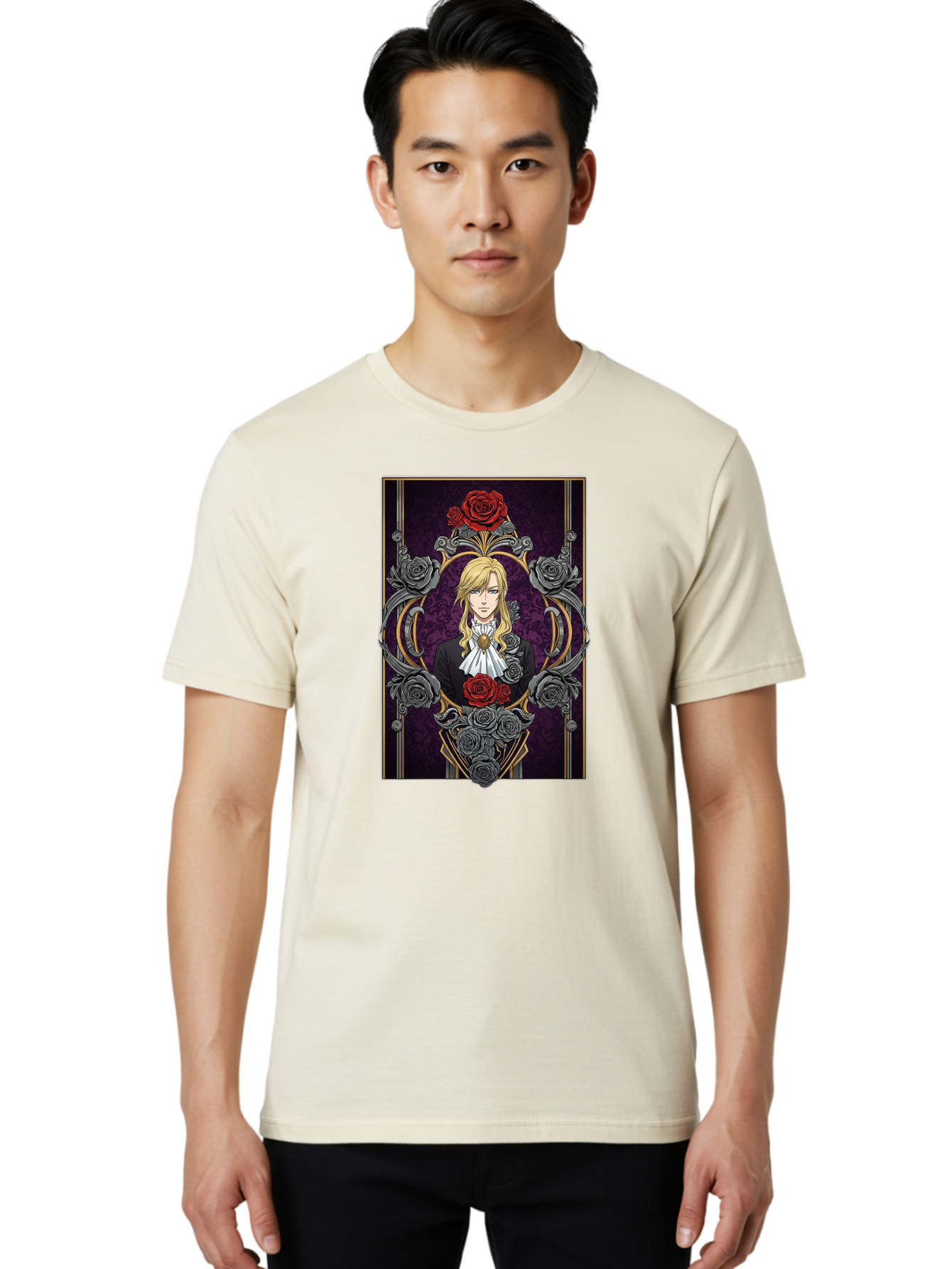 Blonde-Man-With-Roses Men'S Graphic Tee, 100% Cotton, Comfortable Casual Summer Wear, Machine Washable, Anime Character Art, Blond Man In Black Suit, White Ruffled Collar, Red And Gray Roses, Gothic Frame, Elegant Design, Intricate Details, Bab686