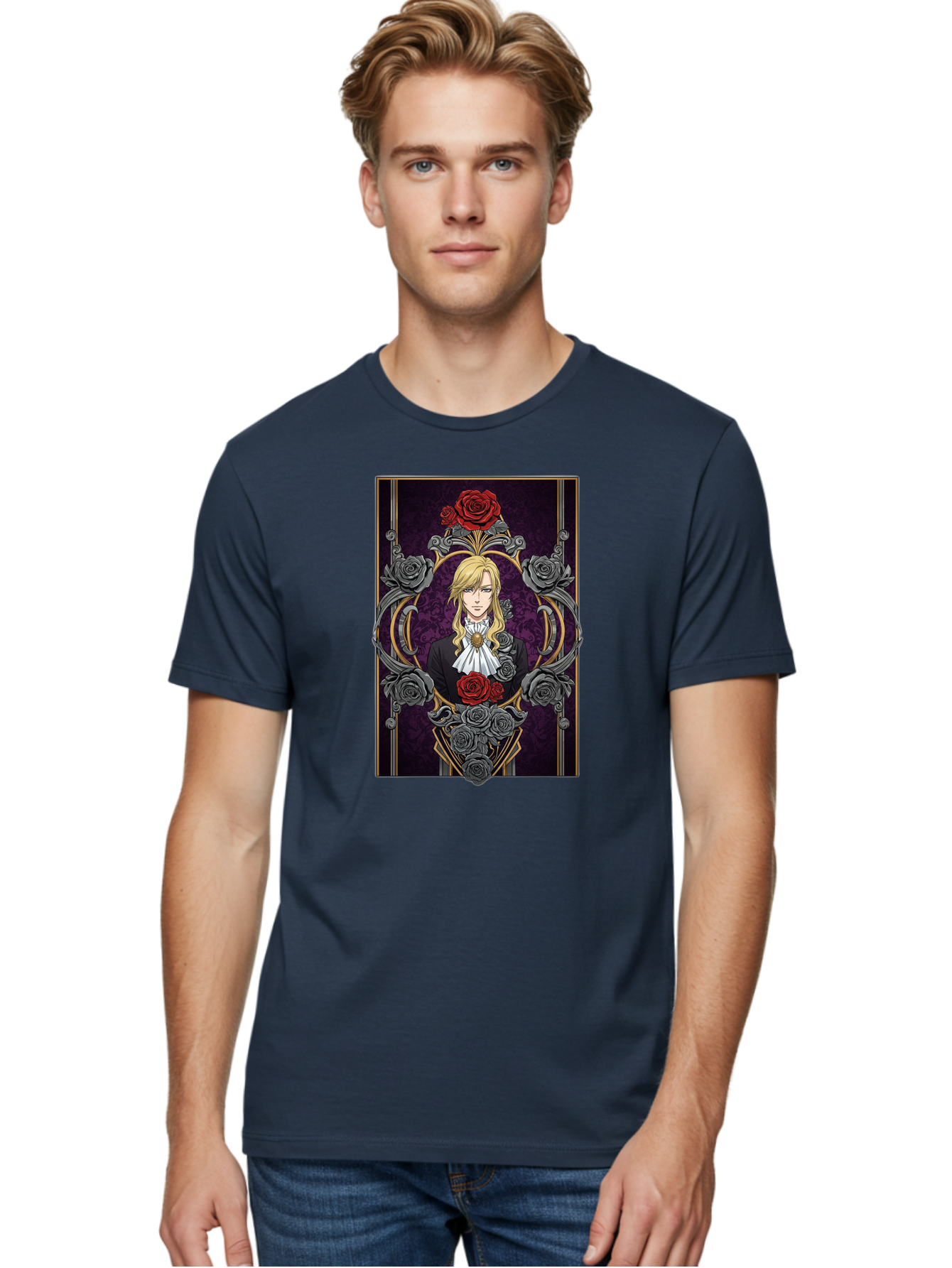 Blonde-Man-With-Roses Men'S Graphic Tee, 100% Cotton, Comfortable Casual Summer Wear, Machine Washable, Anime Character Art, Blond Man In Black Suit, White Ruffled Collar, Red And Gray Roses, Gothic Frame, Elegant Design, Intricate Details, Bab686