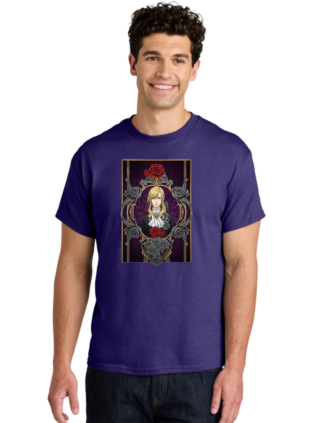 Blonde-Man-With-Roses Men'S Graphic Tee, 100% Cotton, Comfortable Casual Summer Wear, Machine Washable, Anime Character Art, Blond Man In Black Suit, White Ruffled Collar, Red And Gray Roses, Gothic Frame, Elegant Design, Intricate Details, Bab686