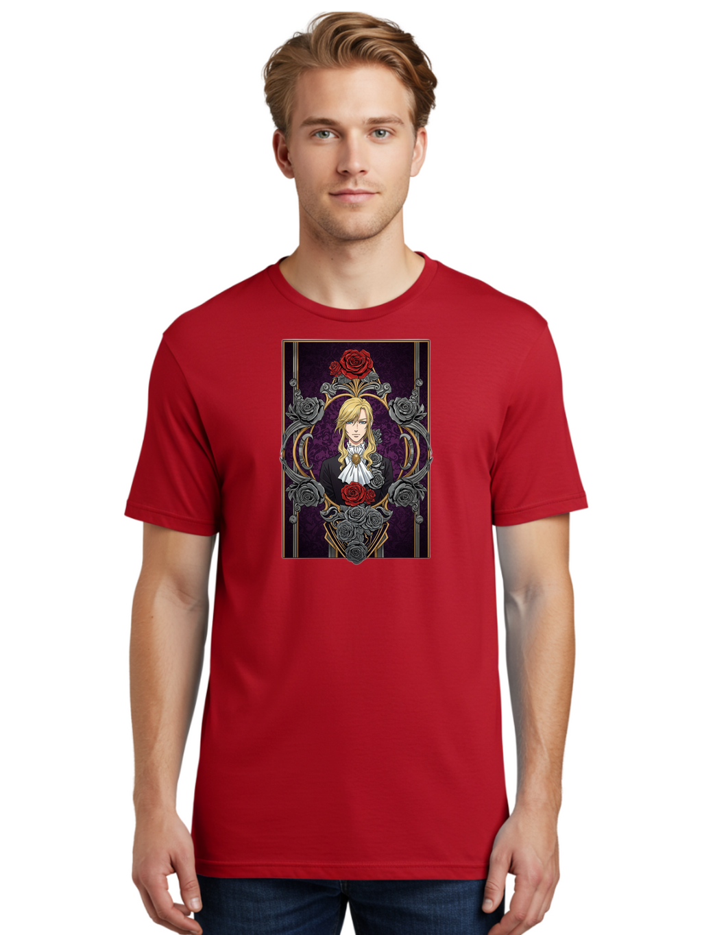 Blonde-Man-With-Roses Men'S Graphic Tee, 100% Cotton, Comfortable Casual Summer Wear, Machine Washable, Anime Character Art, Blond Man In Black Suit, White Ruffled Collar, Red And Gray Roses, Gothic Frame, Elegant Design, Intricate Details, Bab686