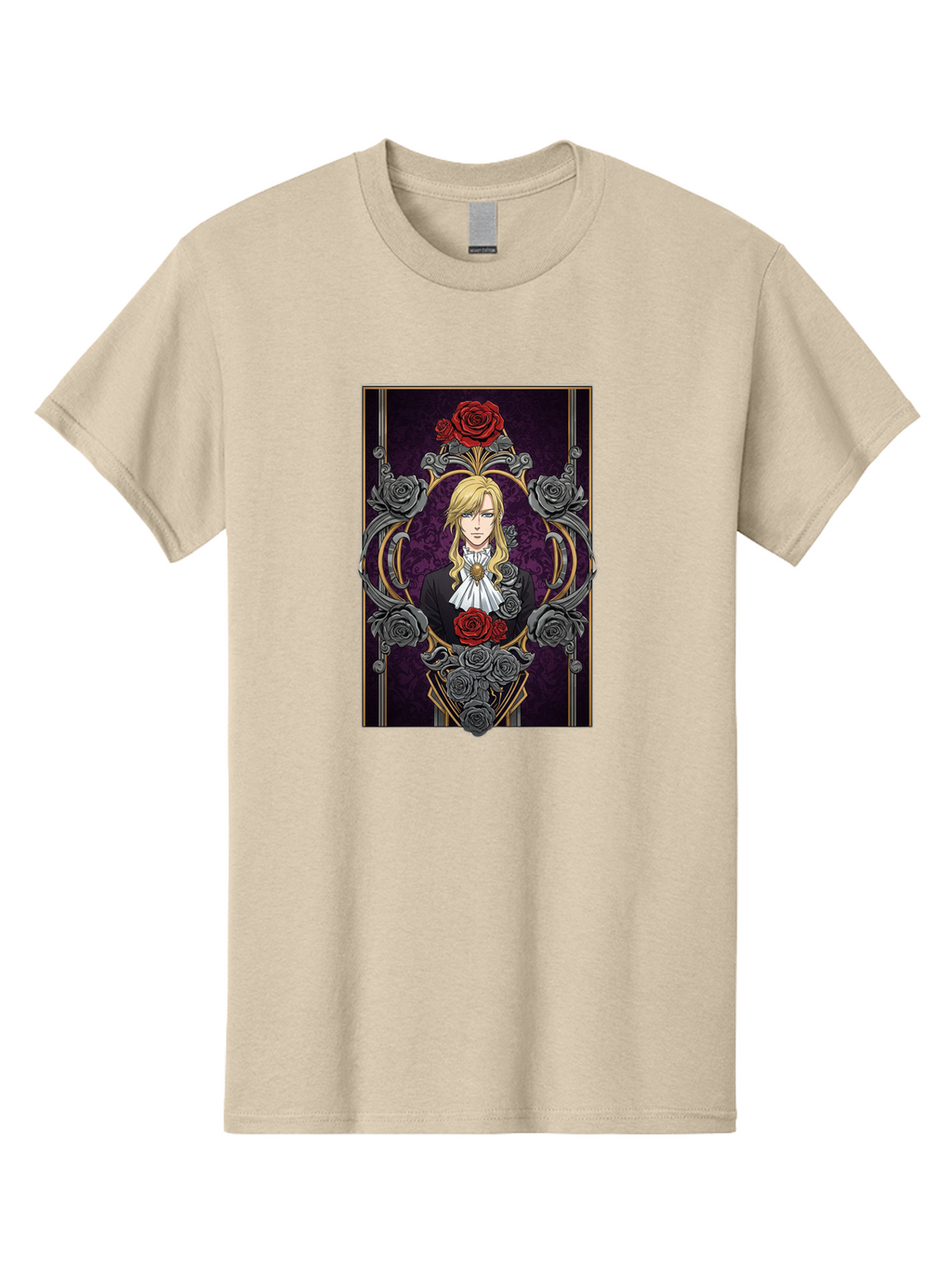 Blonde-Man-With-Roses Men'S Graphic Tee, 100% Cotton, Comfortable Casual Summer Wear, Machine Washable, Anime Character Art, Blond Man In Black Suit, White Ruffled Collar, Red And Gray Roses, Gothic Frame, Elegant Design, Intricate Details, Bab686