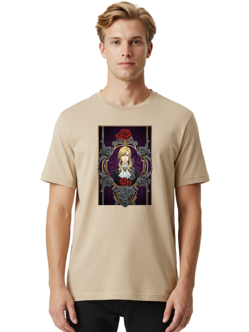 Blonde-Man-With-Roses Men'S Graphic Tee, 100% Cotton, Comfortable Casual Summer Wear, Machine Washable, Anime Character Art, Blond Man In Black Suit, White Ruffled Collar, Red And Gray Roses, Gothic Frame, Elegant Design, Intricate Details, Bab686