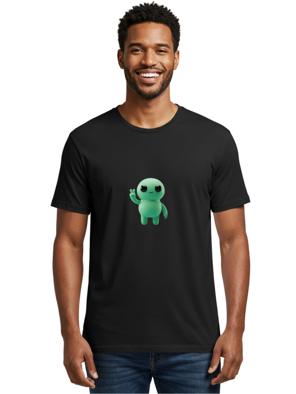 Blue-Character Men'S Graphic Tee, 100% Cotton, Comfortable Casual Summer Wear, Machine Washable, Cartoon Character, Cute Creature, Peace Sign, Friendly Gesture, Smiling Face, Simple Design, 3D Rendering, Digital Art, Kawaii Character, Bab687