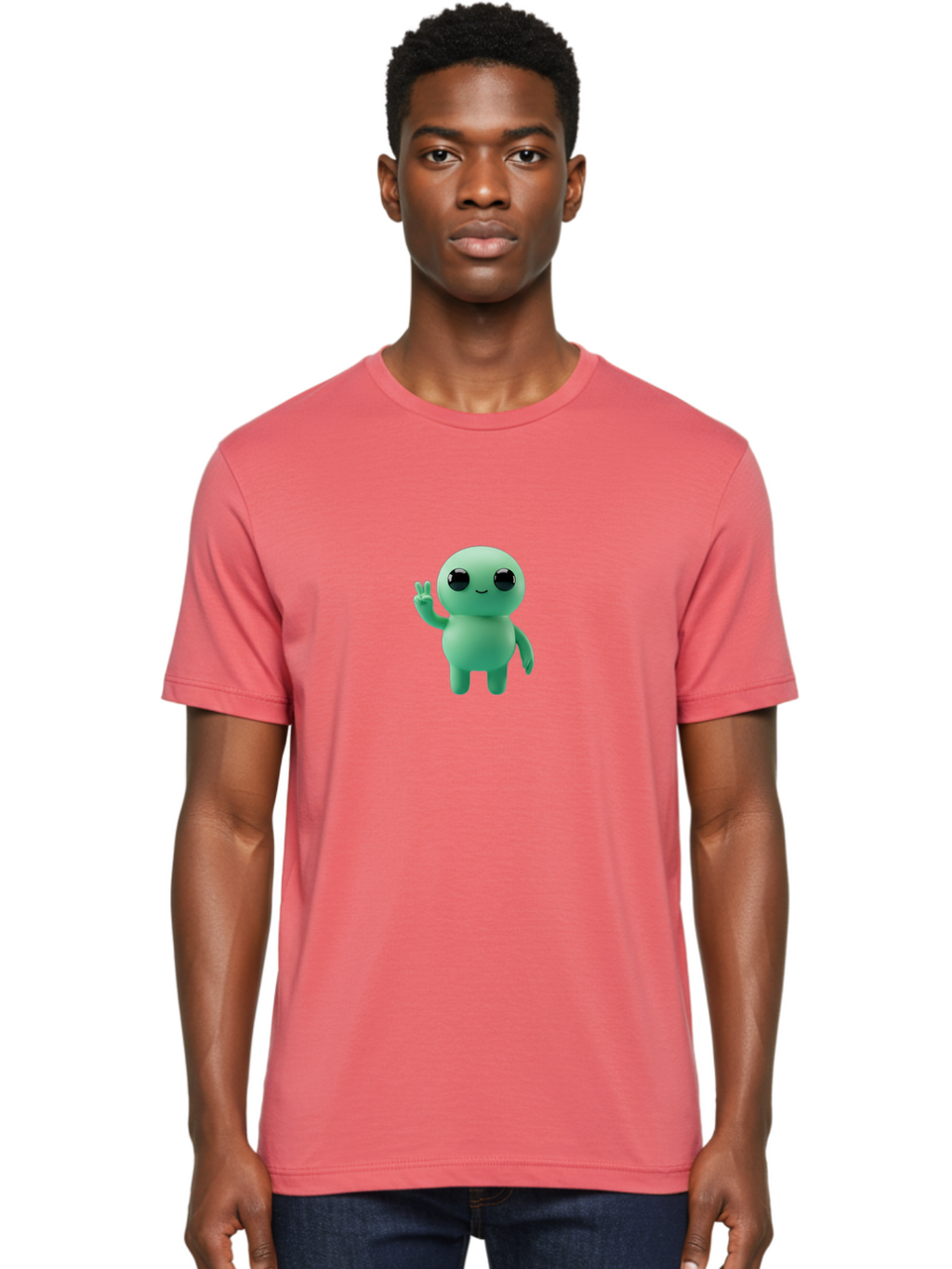 Blue-Character Men'S Graphic Tee, 100% Cotton, Comfortable Casual Summer Wear, Machine Washable, Cartoon Character, Cute Creature, Peace Sign, Friendly Gesture, Smiling Face, Simple Design, 3D Rendering, Digital Art, Kawaii Character, Bab687