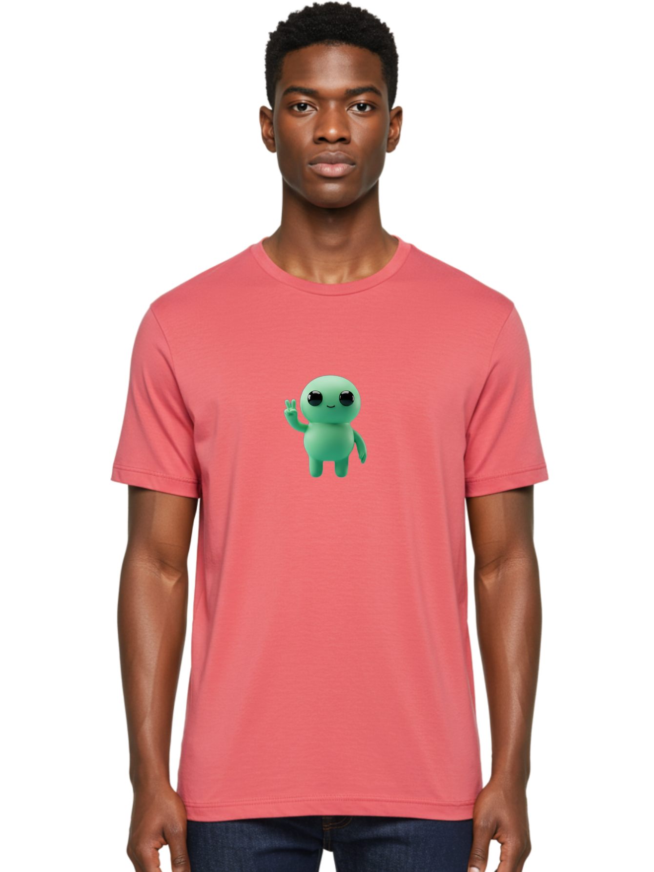 Blue-Character Men'S Graphic Tee, 100% Cotton, Comfortable Casual Summer Wear, Machine Washable, Cartoon Character, Cute Creature, Peace Sign, Friendly Gesture, Smiling Face, Simple Design, 3D Rendering, Digital Art, Kawaii Character, Bab687