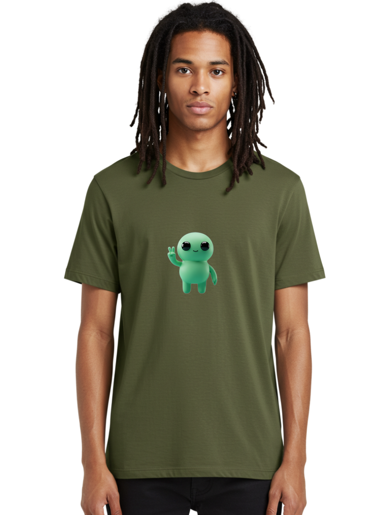 Blue-Character Men'S Graphic Tee, 100% Cotton, Comfortable Casual Summer Wear, Machine Washable, Cartoon Character, Cute Creature, Peace Sign, Friendly Gesture, Smiling Face, Simple Design, 3D Rendering, Digital Art, Kawaii Character, Bab687