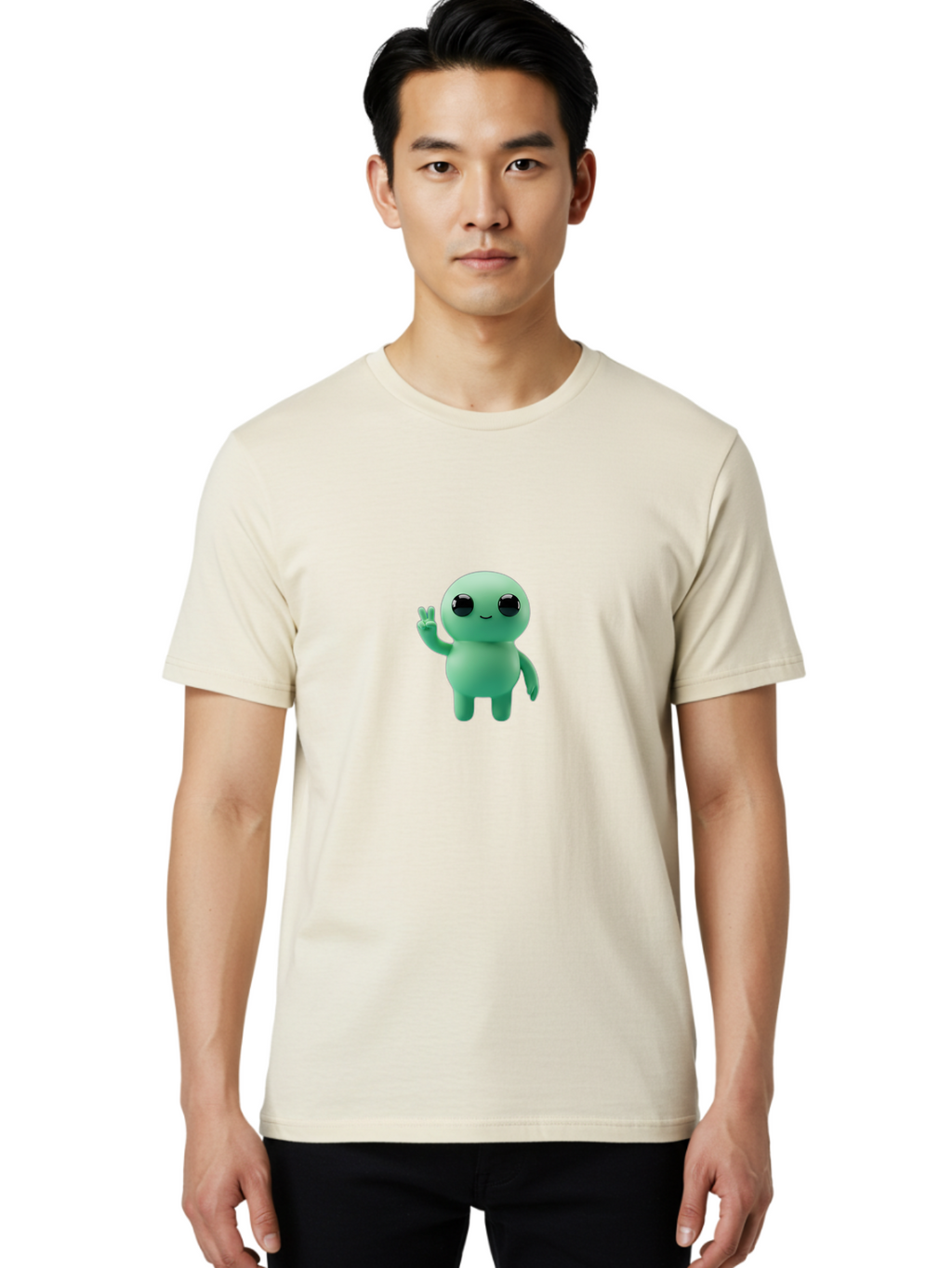 Blue-Character Men'S Graphic Tee, 100% Cotton, Comfortable Casual Summer Wear, Machine Washable, Cartoon Character, Cute Creature, Peace Sign, Friendly Gesture, Smiling Face, Simple Design, 3D Rendering, Digital Art, Kawaii Character, Bab687