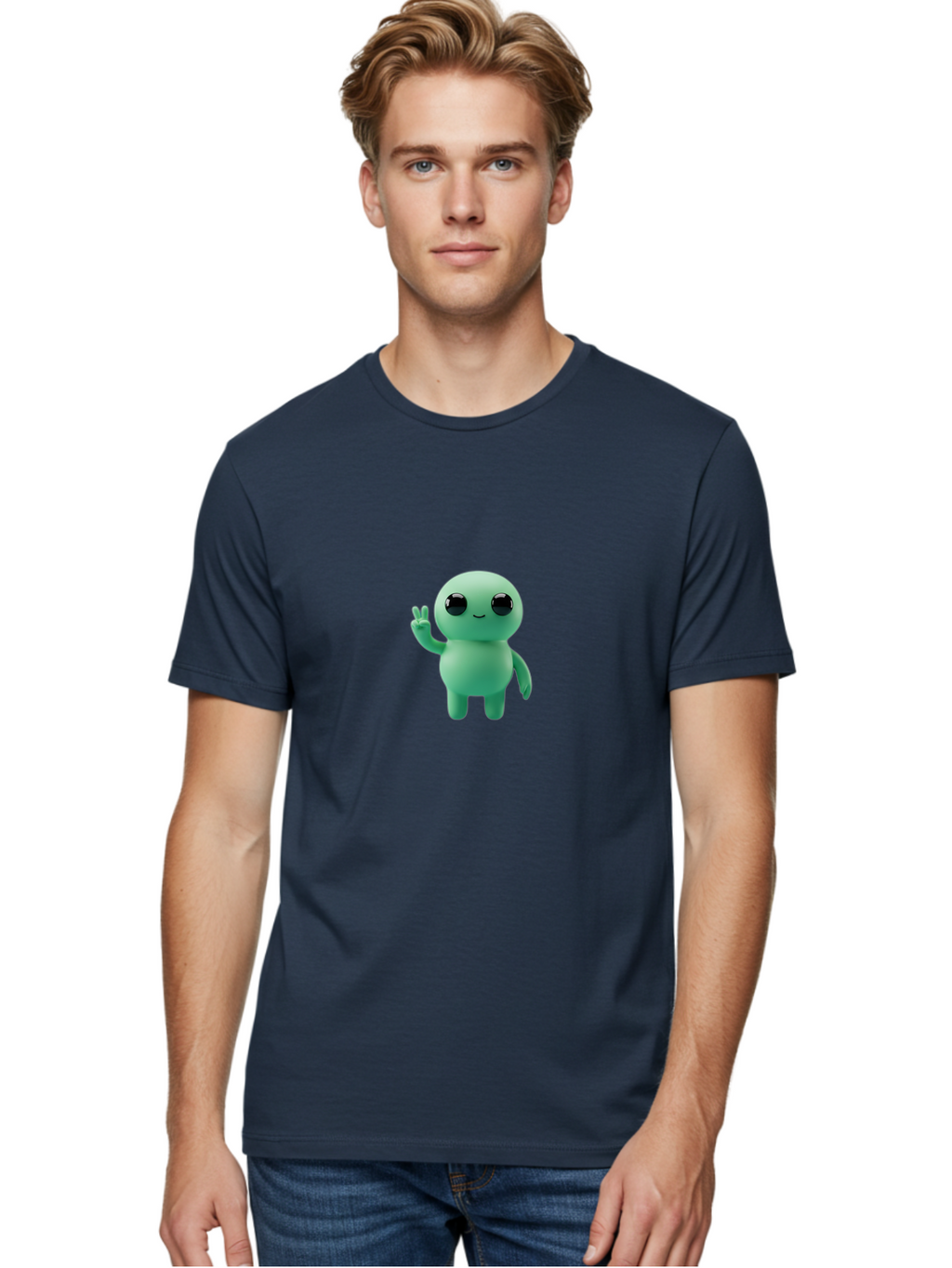 Blue-Character Men'S Graphic Tee, 100% Cotton, Comfortable Casual Summer Wear, Machine Washable, Cartoon Character, Cute Creature, Peace Sign, Friendly Gesture, Smiling Face, Simple Design, 3D Rendering, Digital Art, Kawaii Character, Bab687