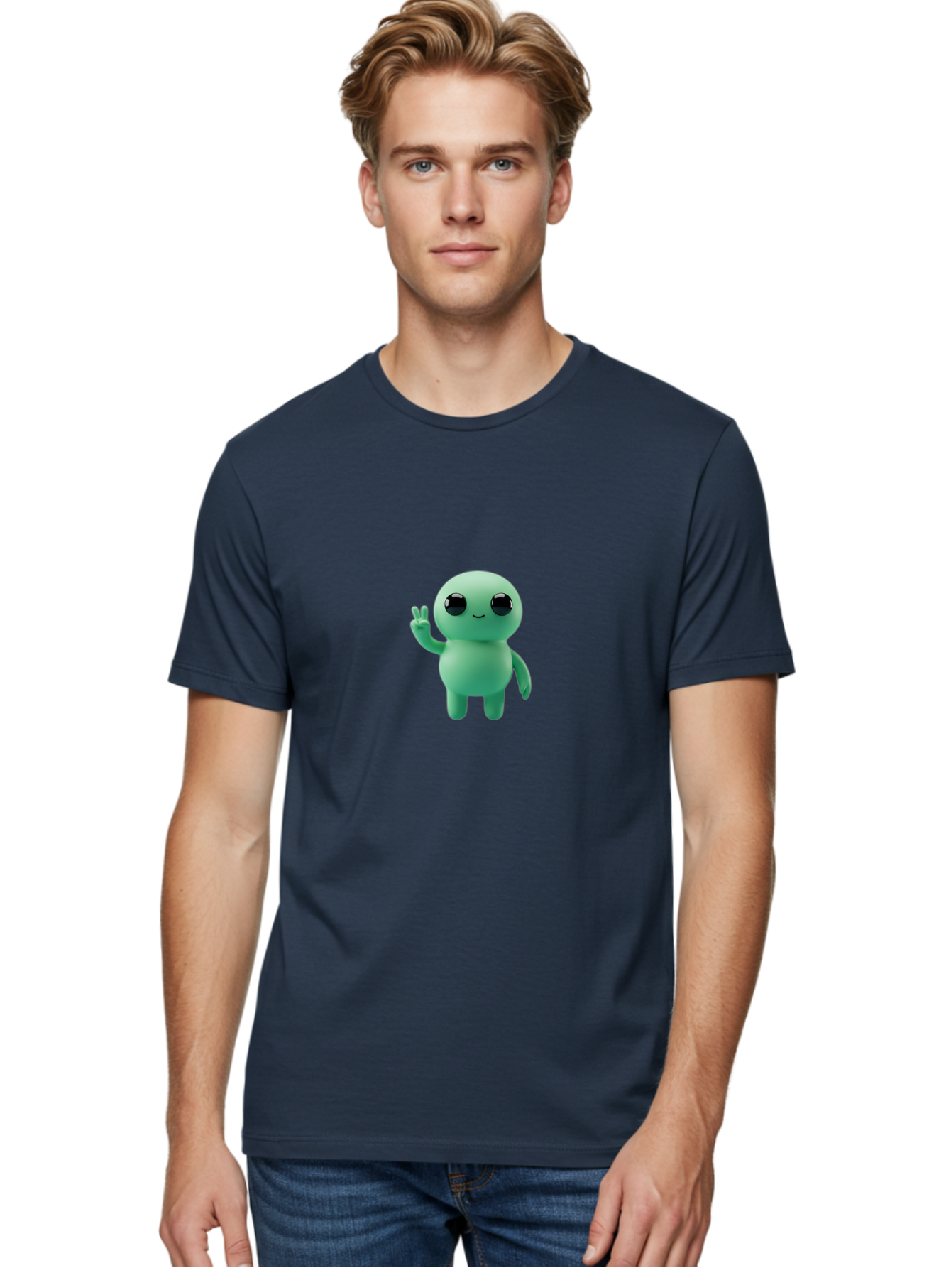 Blue-Character Men'S Graphic Tee, 100% Cotton, Comfortable Casual Summer Wear, Machine Washable, Cartoon Character, Cute Creature, Peace Sign, Friendly Gesture, Smiling Face, Simple Design, 3D Rendering, Digital Art, Kawaii Character, Bab687