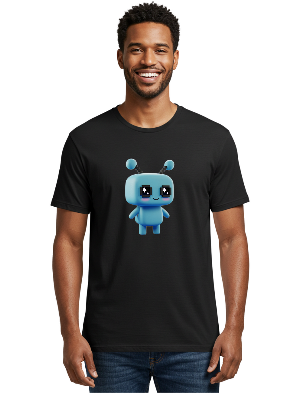 Blue-Robot Men'S Graphic Tee, 100% Cotton, Comfortable Casual Summer Wear, Machine Washable, Cartoon Robot, Digital Illustration, Blue Robot, Futuristic Character, Shiny Eyes, Friendly Demeanor, Cute Robot Design, Artificial Intelligence, Bab688