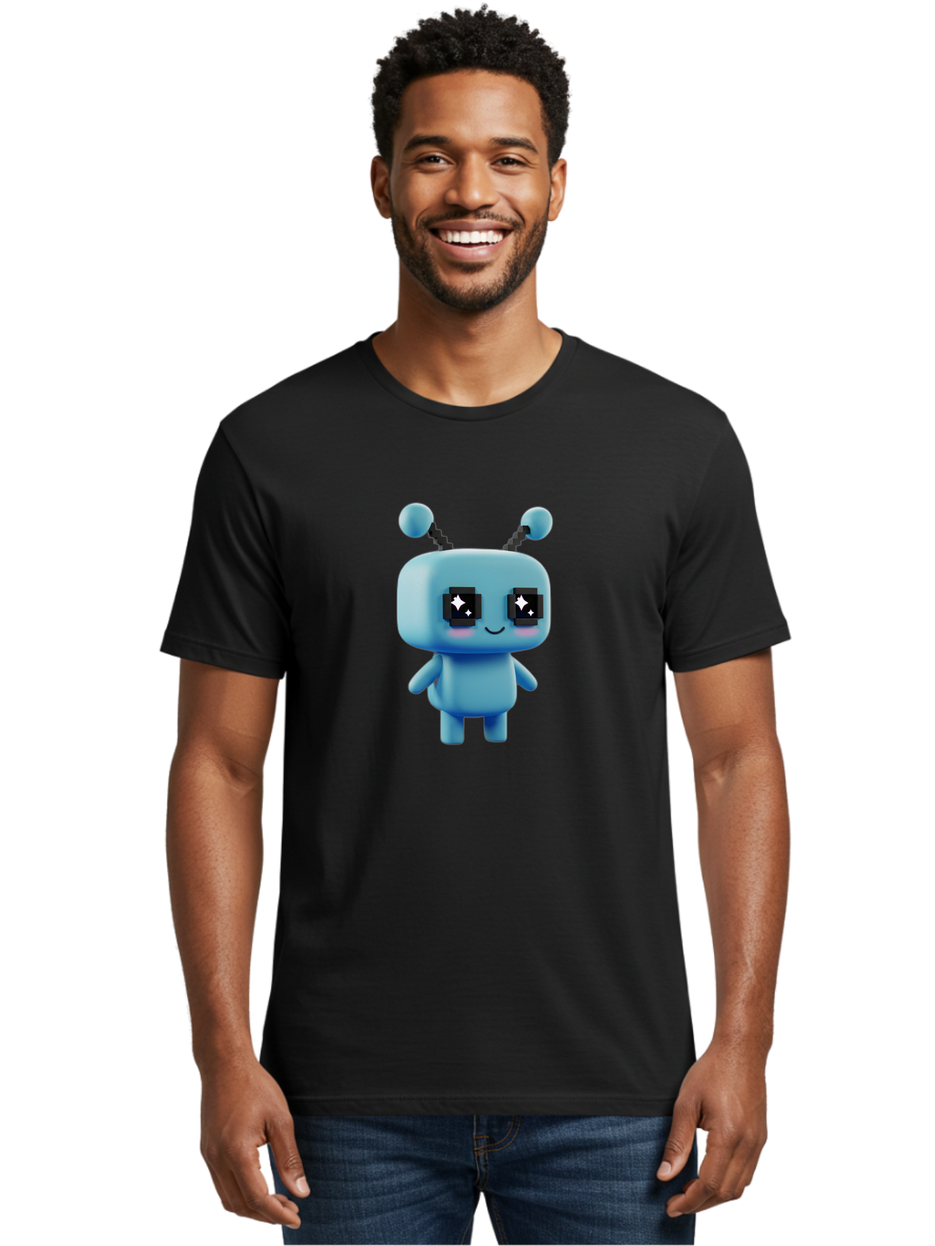 Blue-Robot Men'S Graphic Tee, 100% Cotton, Comfortable Casual Summer Wear, Machine Washable, Cartoon Robot, Digital Illustration, Blue Robot, Futuristic Character, Shiny Eyes, Friendly Demeanor, Cute Robot Design, Artificial Intelligence, Bab688