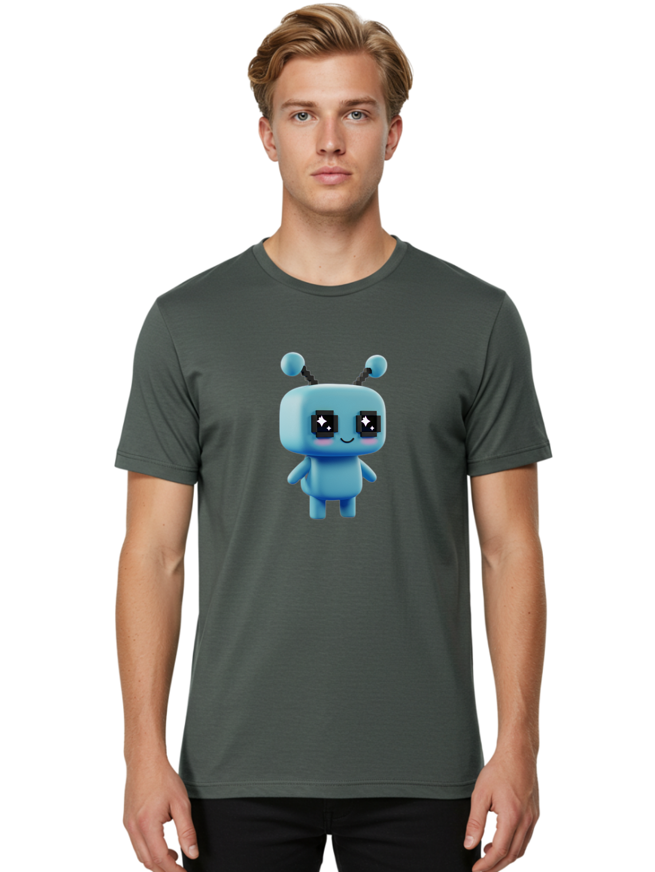Blue-Robot Men'S Graphic Tee, 100% Cotton, Comfortable Casual Summer Wear, Machine Washable, Cartoon Robot, Digital Illustration, Blue Robot, Futuristic Character, Shiny Eyes, Friendly Demeanor, Cute Robot Design, Artificial Intelligence, Bab688