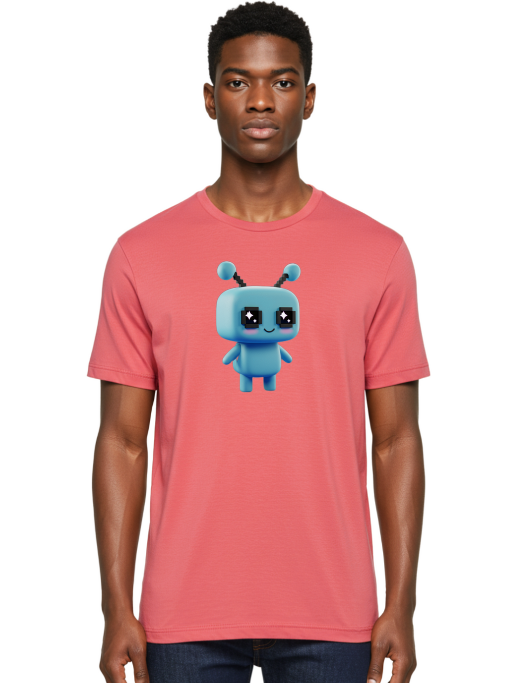 Blue-Robot Men'S Graphic Tee, 100% Cotton, Comfortable Casual Summer Wear, Machine Washable, Cartoon Robot, Digital Illustration, Blue Robot, Futuristic Character, Shiny Eyes, Friendly Demeanor, Cute Robot Design, Artificial Intelligence, Bab688