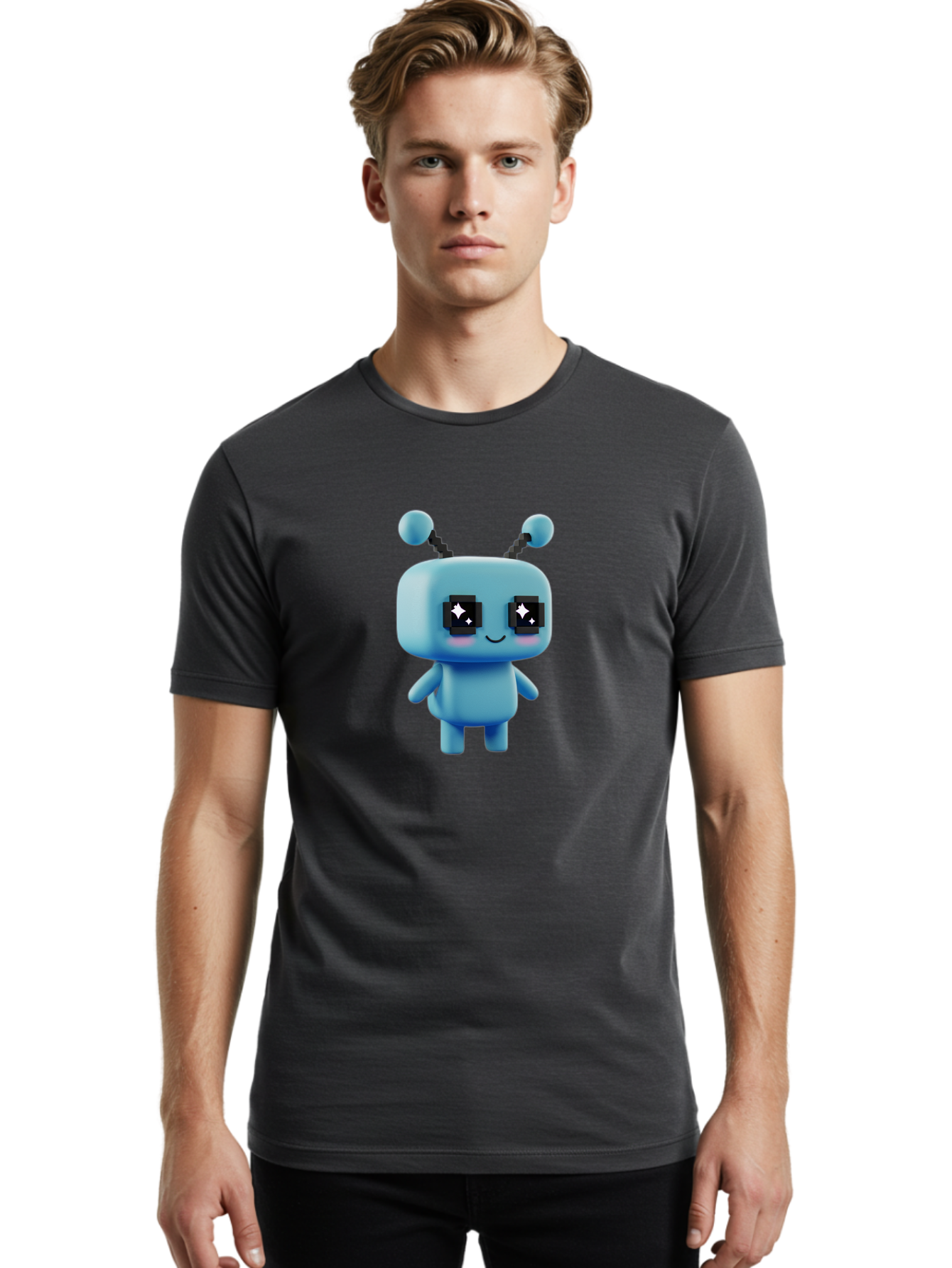 Blue-Robot Men'S Graphic Tee, 100% Cotton, Comfortable Casual Summer Wear, Machine Washable, Cartoon Robot, Digital Illustration, Blue Robot, Futuristic Character, Shiny Eyes, Friendly Demeanor, Cute Robot Design, Artificial Intelligence, Bab688
