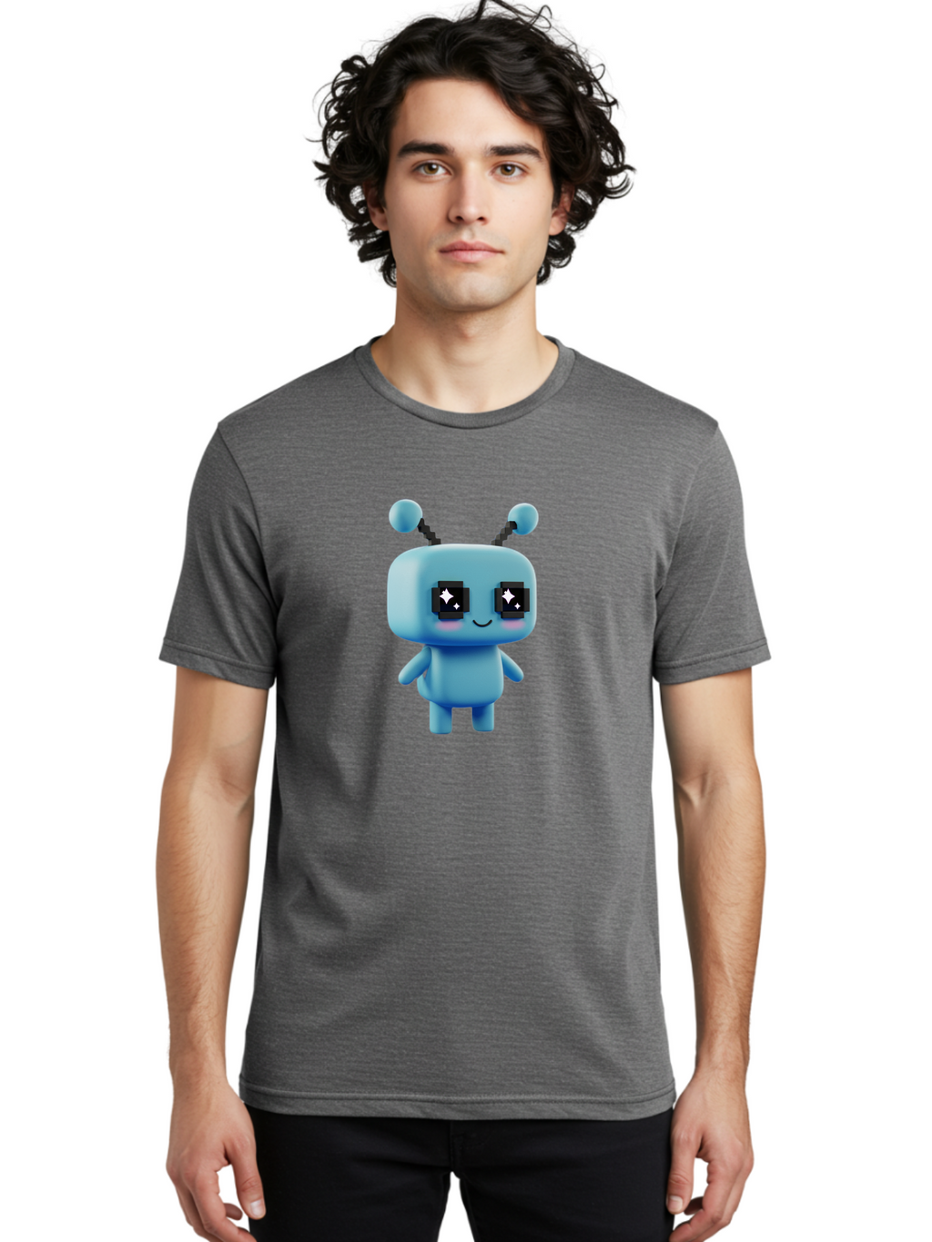 Blue-Robot Men'S Graphic Tee, 100% Cotton, Comfortable Casual Summer Wear, Machine Washable, Cartoon Robot, Digital Illustration, Blue Robot, Futuristic Character, Shiny Eyes, Friendly Demeanor, Cute Robot Design, Artificial Intelligence, Bab688