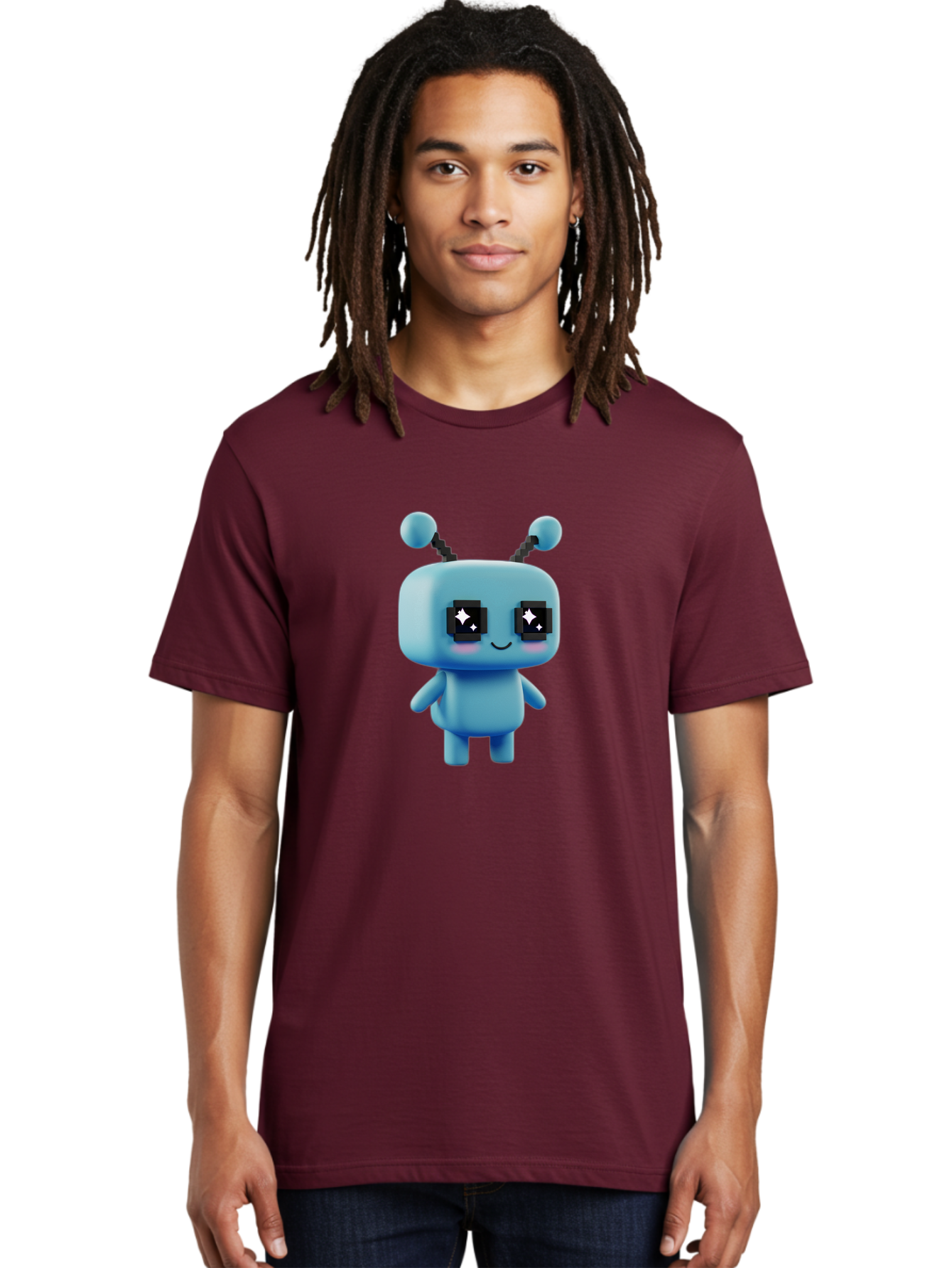 Blue-Robot Men'S Graphic Tee, 100% Cotton, Comfortable Casual Summer Wear, Machine Washable, Cartoon Robot, Digital Illustration, Blue Robot, Futuristic Character, Shiny Eyes, Friendly Demeanor, Cute Robot Design, Artificial Intelligence, Bab688