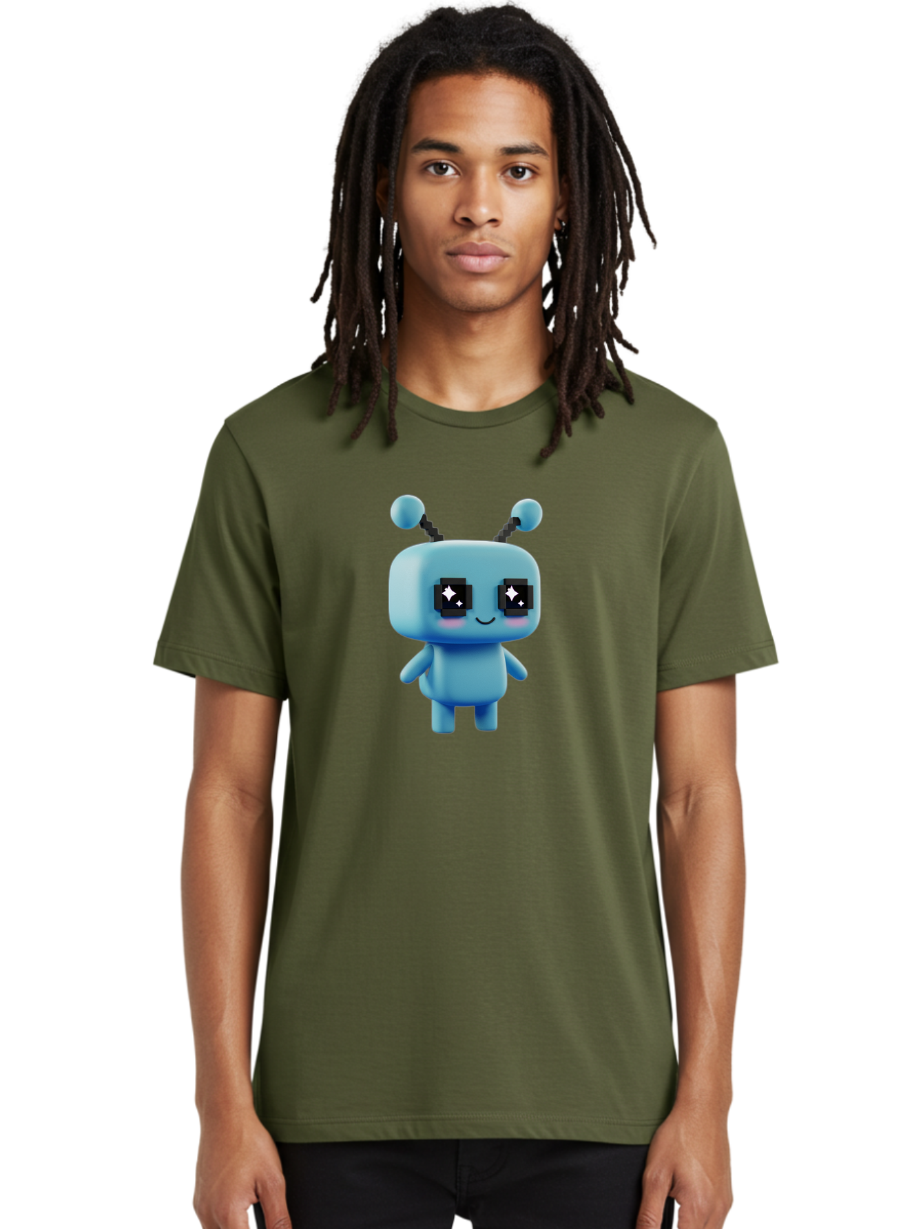 Blue-Robot Men'S Graphic Tee, 100% Cotton, Comfortable Casual Summer Wear, Machine Washable, Cartoon Robot, Digital Illustration, Blue Robot, Futuristic Character, Shiny Eyes, Friendly Demeanor, Cute Robot Design, Artificial Intelligence, Bab688