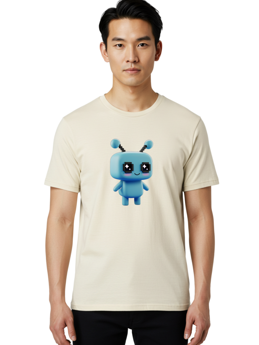 Blue-Robot Men'S Graphic Tee, 100% Cotton, Comfortable Casual Summer Wear, Machine Washable, Cartoon Robot, Digital Illustration, Blue Robot, Futuristic Character, Shiny Eyes, Friendly Demeanor, Cute Robot Design, Artificial Intelligence, Bab688