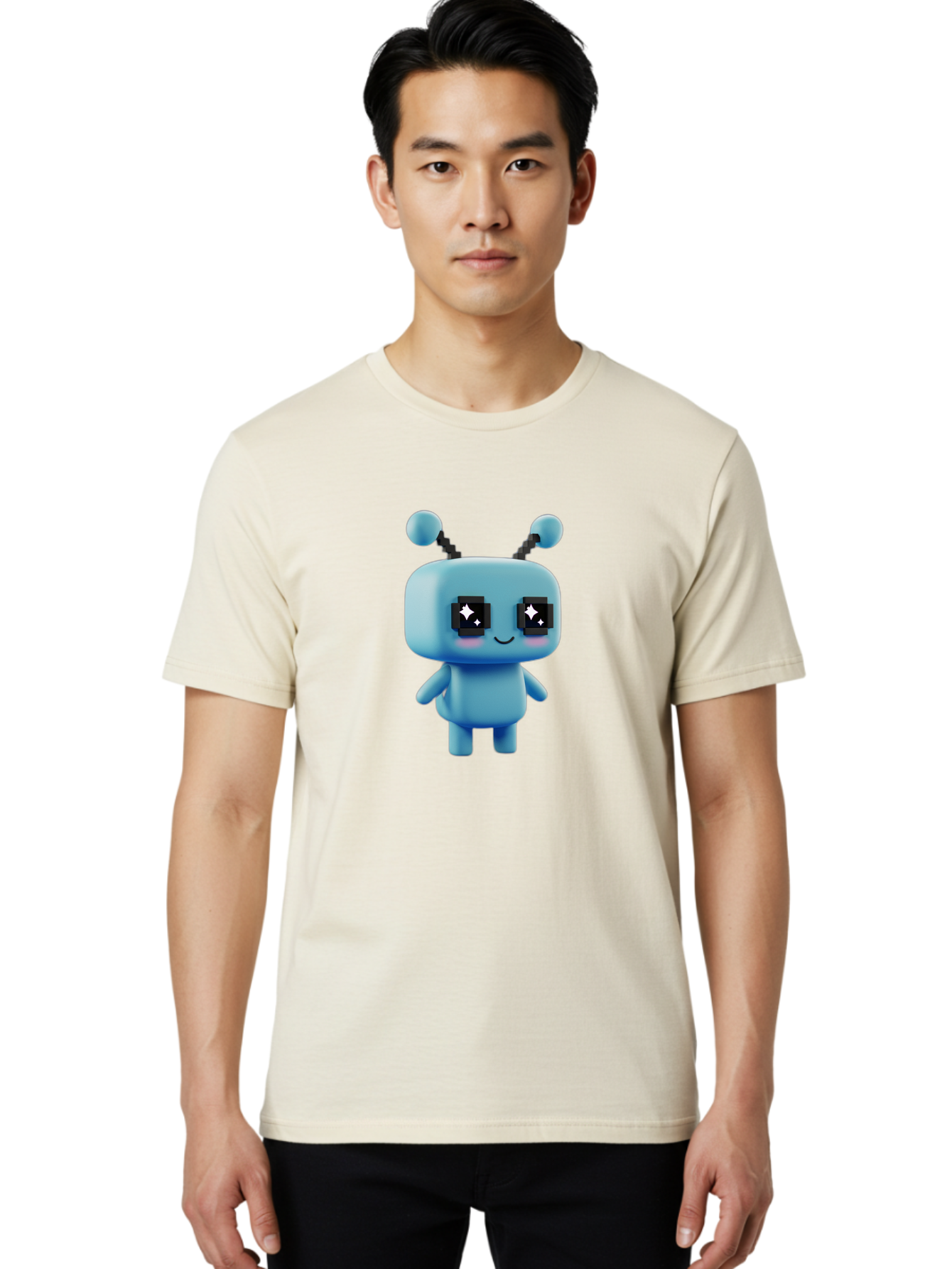 Blue-Robot Men'S Graphic Tee, 100% Cotton, Comfortable Casual Summer Wear, Machine Washable, Cartoon Robot, Digital Illustration, Blue Robot, Futuristic Character, Shiny Eyes, Friendly Demeanor, Cute Robot Design, Artificial Intelligence, Bab688